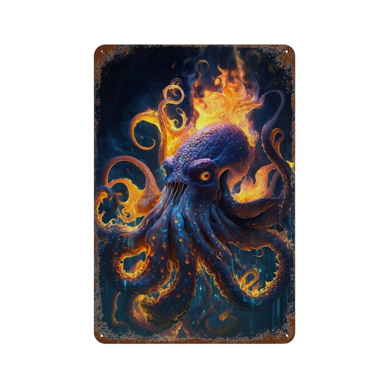 Flaming Octopus Artwork Weathered Tin Sign 11.8"x7.9", Farmhouse Wall Decor for Garage, Pub Or Kitchen