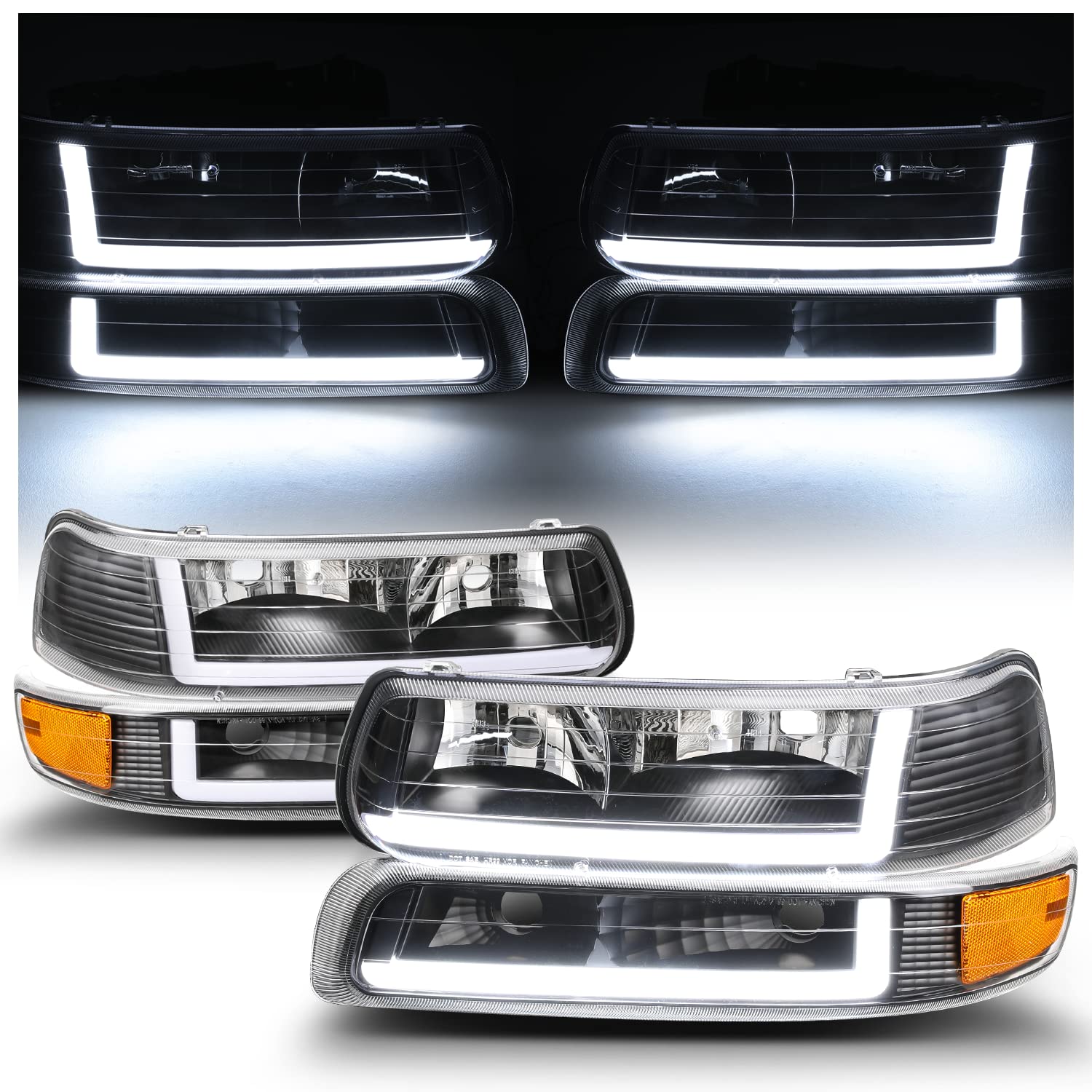 M-AUTO DRL Daylight LED Strip Headlights Assembly Compatible with 99-02 Chevy Silverado 1500HD 2500HD 3500HD, 00-06 Chevy Suburban 1500 2500 Tahoe, L&R Amber Corner Headlamps+Bumper Lights