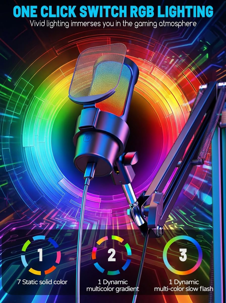 Anykuu Mikrofon pojemnościowy PC 1 z ramieniem przegubowym, RGB do przesyłania strumieniowego, kondensator kardioidalny 192 kHz/24bit z przyciskiem wyciszenia, Plug & Play do komputerów PC, Mac, PS4