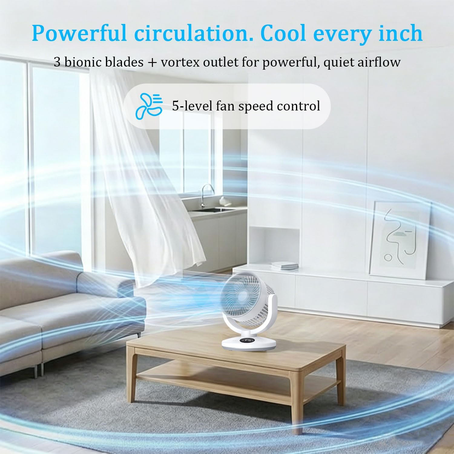 Desk fan for Bedroom, Desk Air Circulator Fan, Air outlet diameter 5.51 in，60ft Powerful Airflow,115° Vertical Manual,Sweeps 90°，Can be hung，5 Speeds,0-12H Timer, with Remote, Quiet Fan, Home (white)