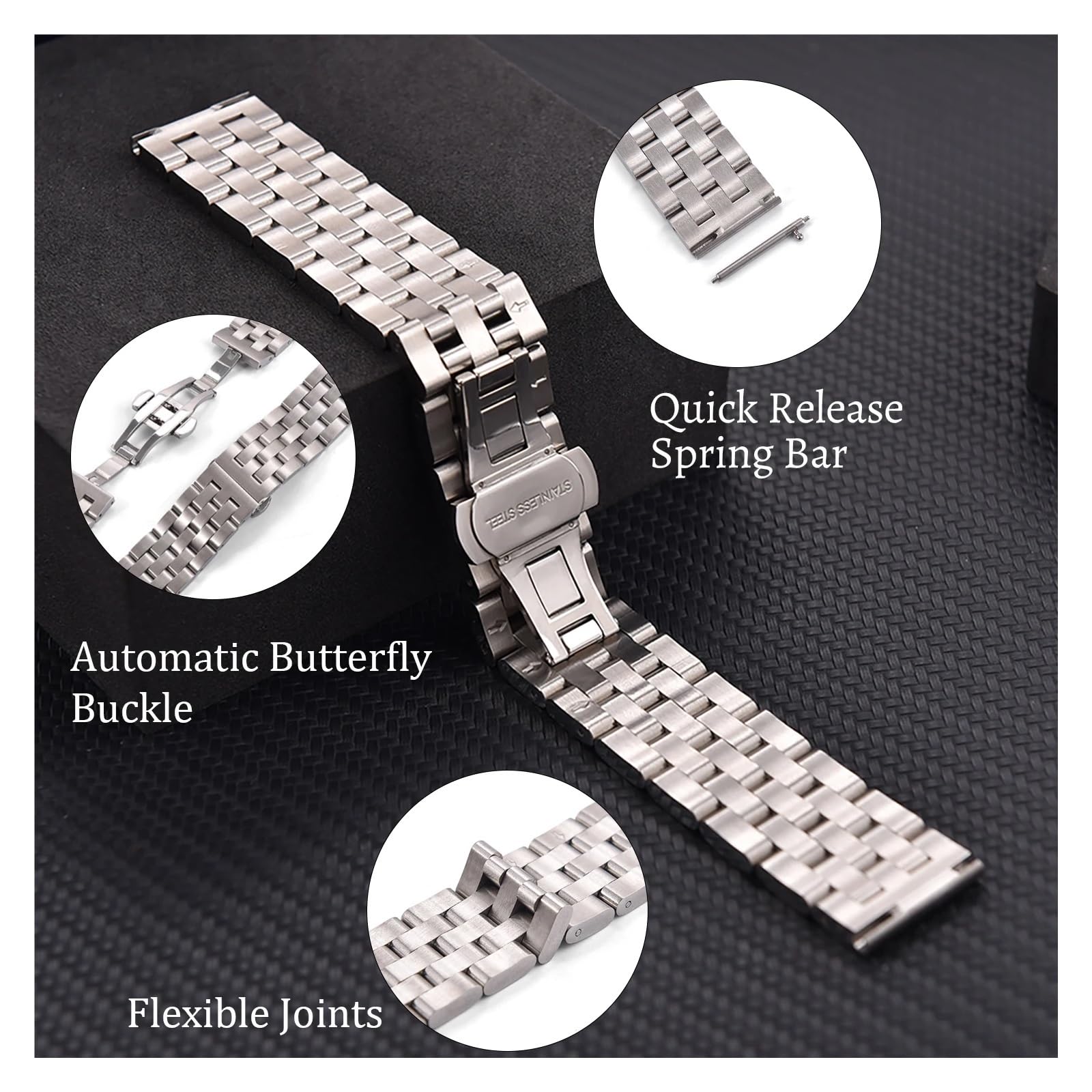 Cinturino di ricambio per orologio, in acciaio inox, 18 mm, 19 mm, 20 mm, 21 mm, 22 mm, 3 file