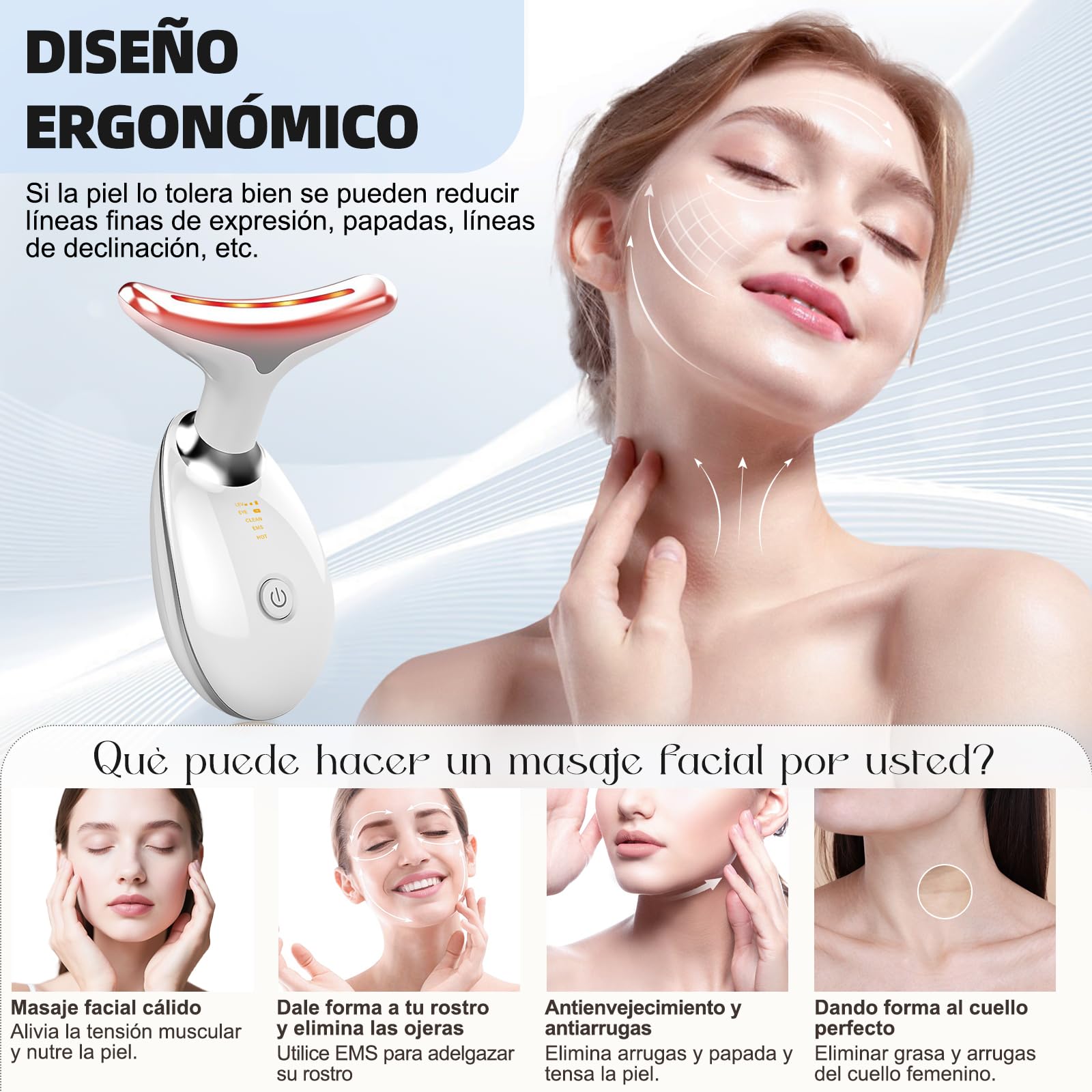 Massaggiatore Viso, 7 Colori Radiofrequenza Viso, 3 Modalità Dispositivo di Bellezza Antirughe, 45°C EMS Gua Sha Viso, Massaggiatore Viso Antirughe Lifting Elettrico per Tonificare Jawliner Pulizia