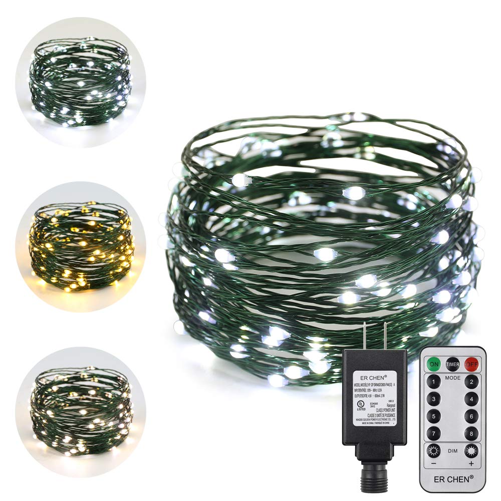 ErChen Dual-Color LED String Lights, Green Copper Wire Plug in 33 FT 100 LEDs Dimmable Fairy Lights with UL Adapter RF Remote Timer 8 Modes for Christmas Party Wedding (White/Warm White)