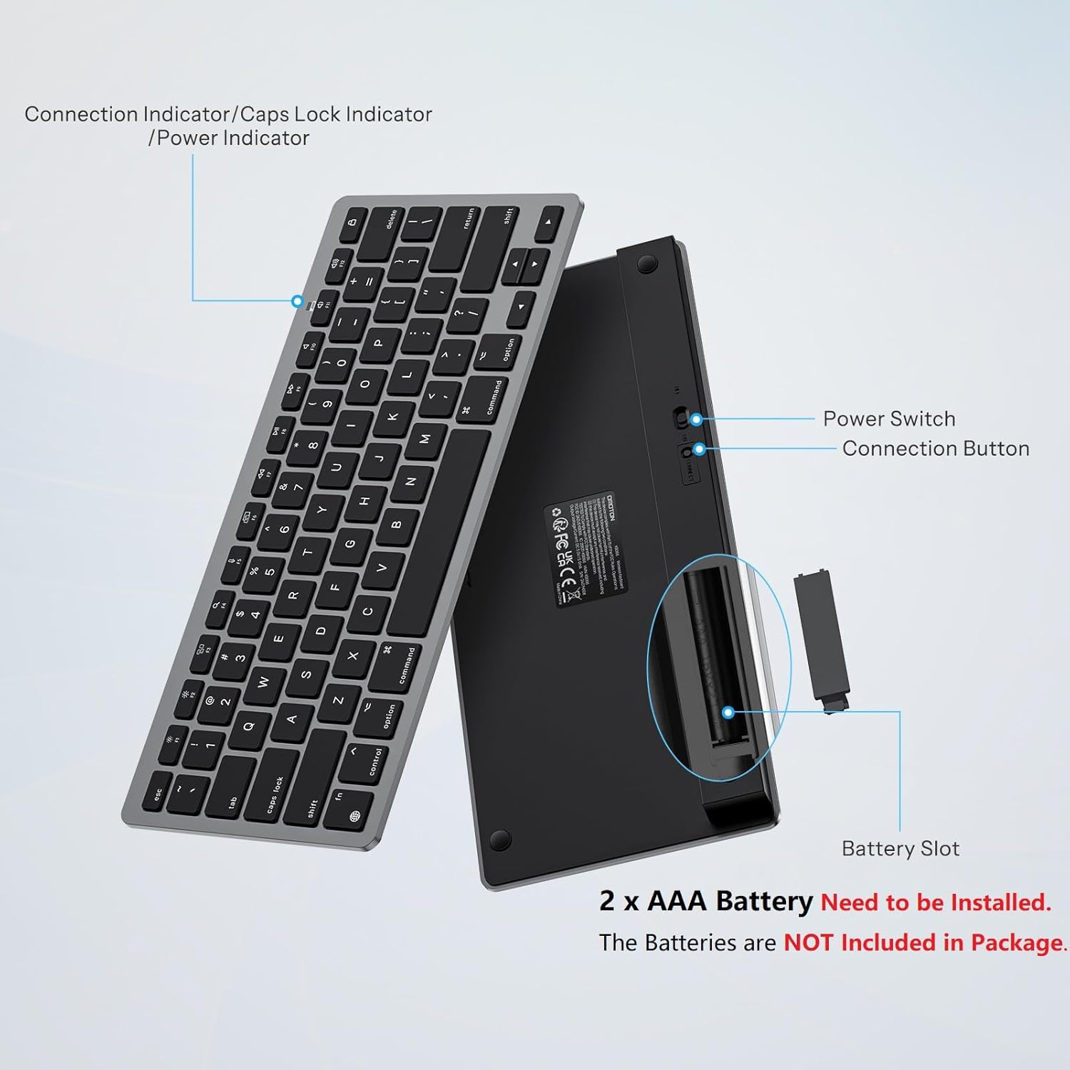 Pozadi view of the OMOTON Wireless Keyboard showing the power switch, connection button, and battery slot for two AAA batteries.