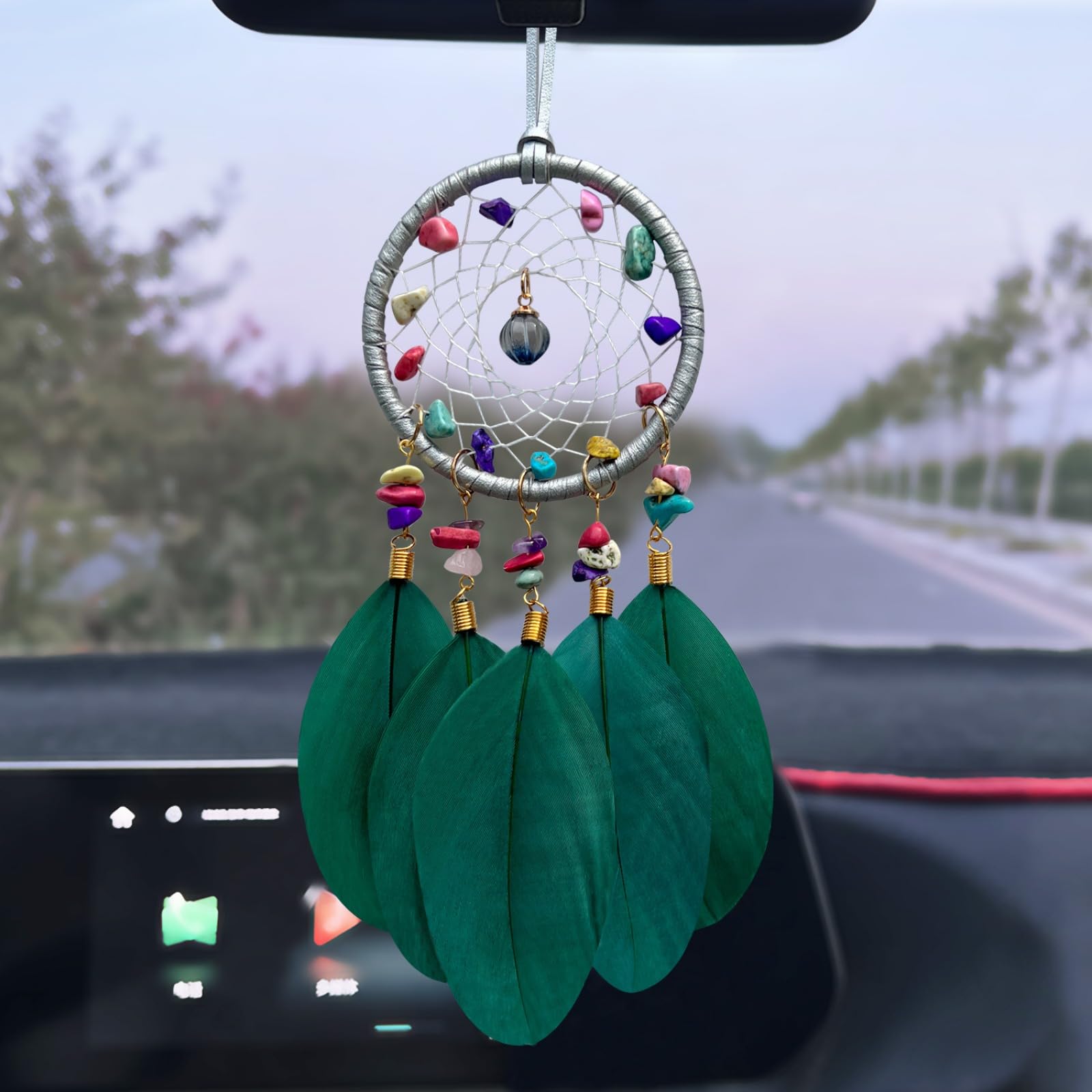 COWRC Women's car Interior Accessories, Woven Dream Catcher car Feather Pendants, Women's car Accessories Creative Interior Rearview Mirror Decorative Feather car Pendants (Green)