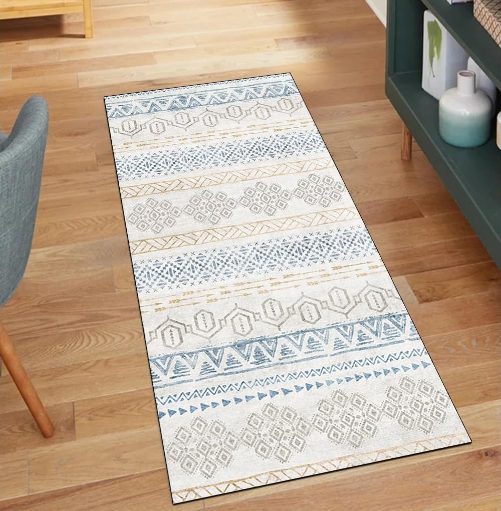 Alfombra de pasillo gris y azul antimanchas con reverso seguro que no se mueve del suelo