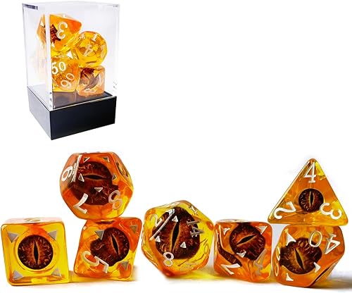 Miniatura 2 de Bescon Dragon Eye RPG Juego de 7 dados poliédricos de ojo de dragón, juego de ojos ámbar