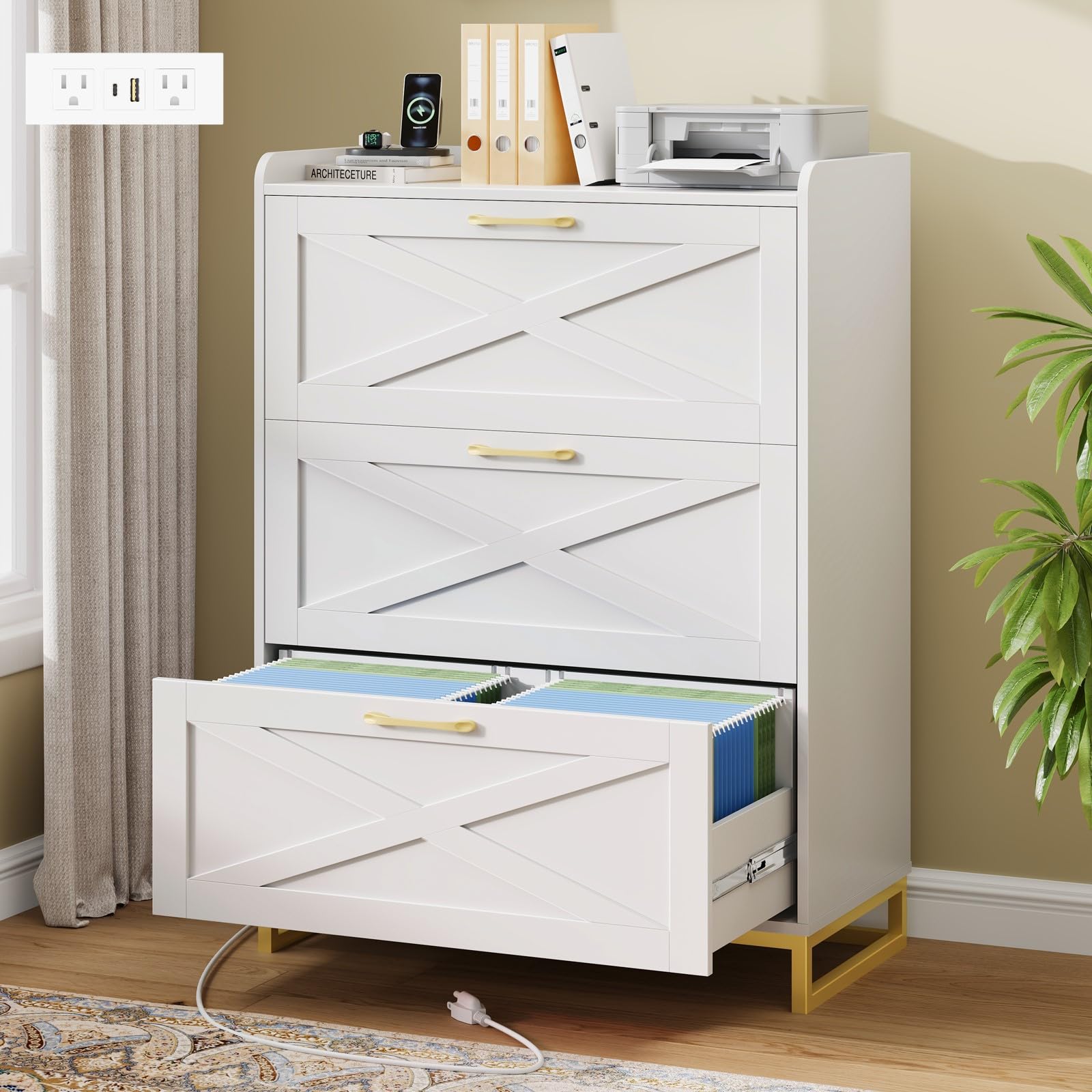 Vabches File Cabinet 3 Drawers Lateral File Cabinet with Charging Station for Letter/Legal/A4 Size Hanging Files, Large Wood File Storage Cabinets Printer Stand for Home Office, White and Gold