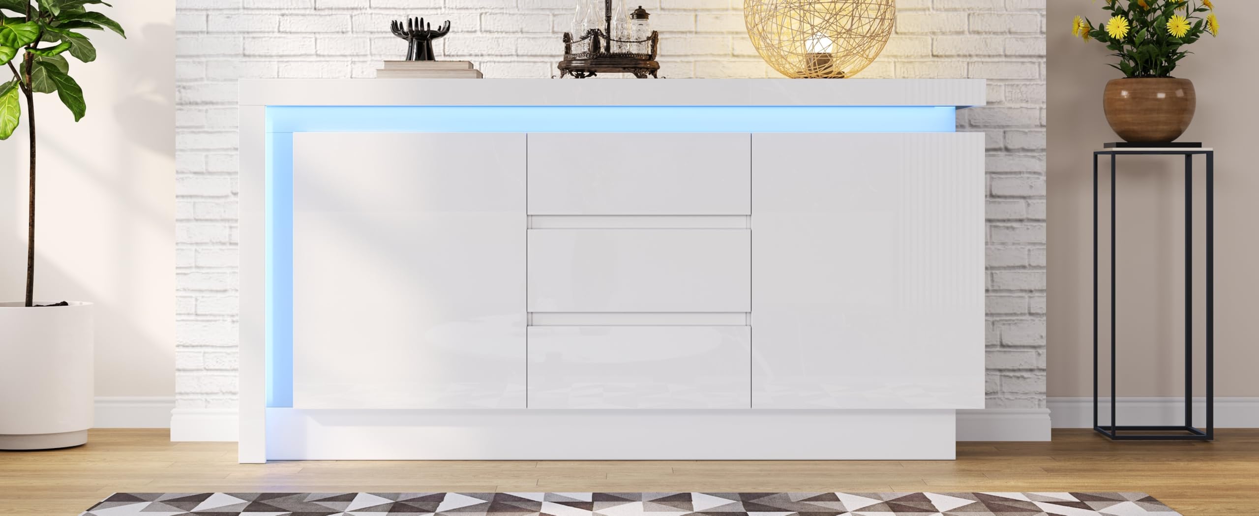 BTM 140x35x72cm Sideboard,Kommode für das Schlafzimmer, Wohnzimmer,Beistelltisch mit 3 Schubladen,Schrank mit verstellbaren Einlegeböden und 2 Türen, Hochglanz Sofa Beistellschrank mit LED, Weiß