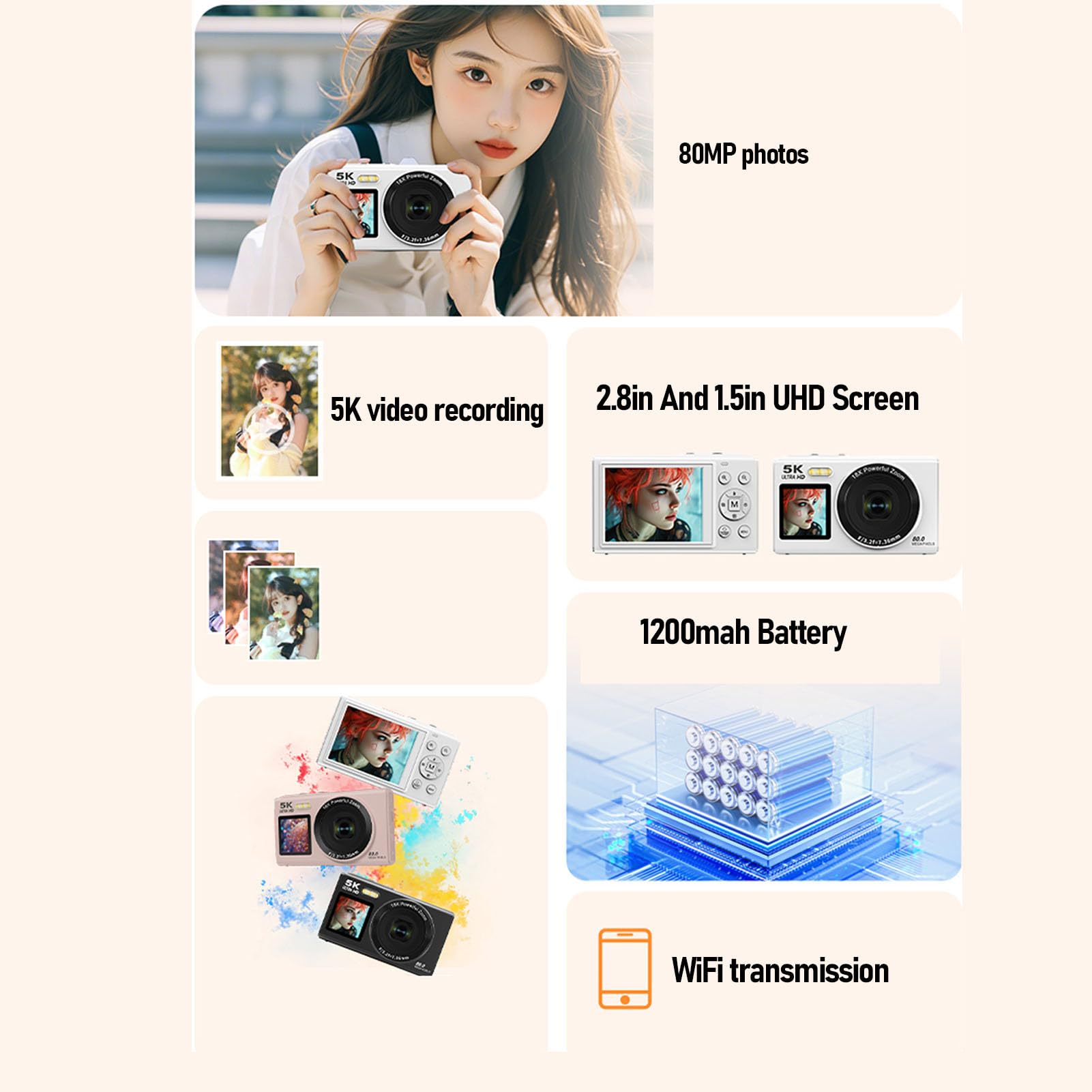 Fockety Fotocamera Digitale 5k per Fotografia, Fotocamera da Vlog Wifi Zoom da 80 MP 18x Zoom per YouTube, Videocamere Portatili Compatta con Flash per Bambini, Streaming Live (Roseo)