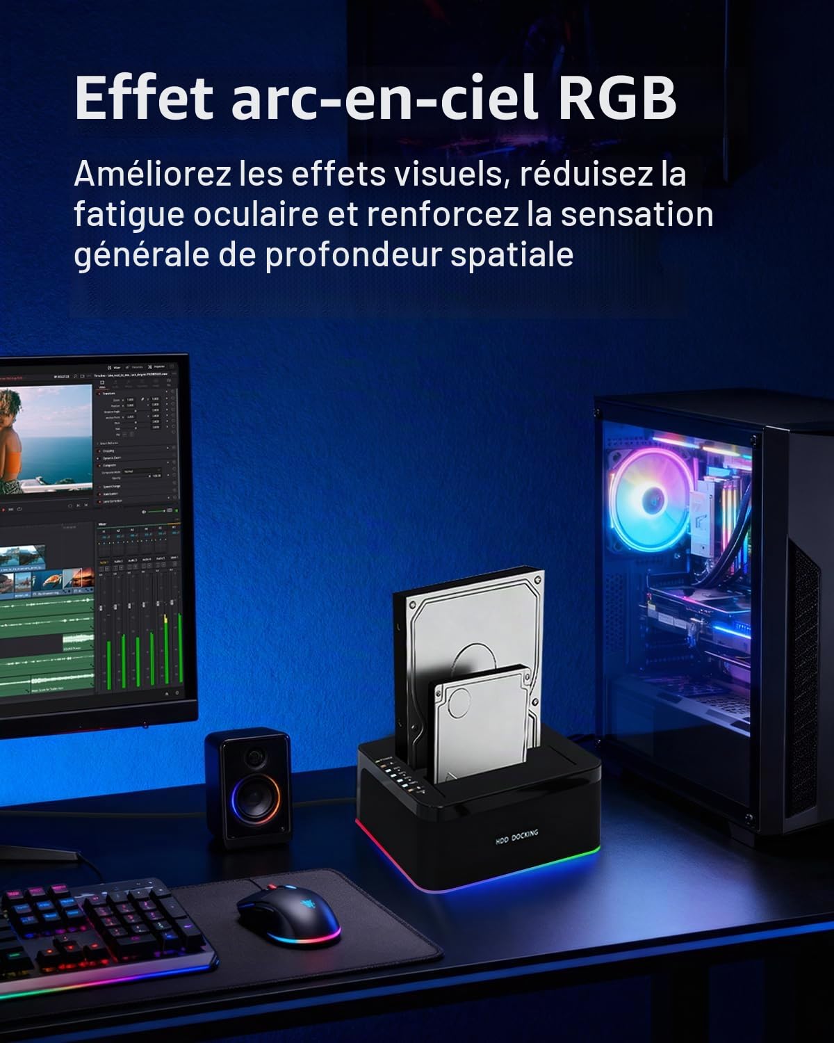 Dock Disque Durs Double Baie, RGB USB 3.0 Station Lecteur Disque Dur La Fonction de Clonage Hors Ligne Prend en Charge UASP Jusqu'à 2*20 to Double Baie pour HDD/SSD SATA 2,5/3,5 Pouces
