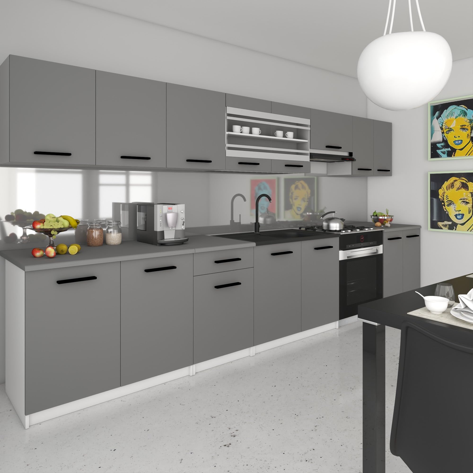 Belini Italia 3 Liniowa szafka kuchenna 320cm Szary | ECONATURA DECOR Liniowa szafka kuchenna, szafka, bez sprzętu AGD, z blatem roboczym