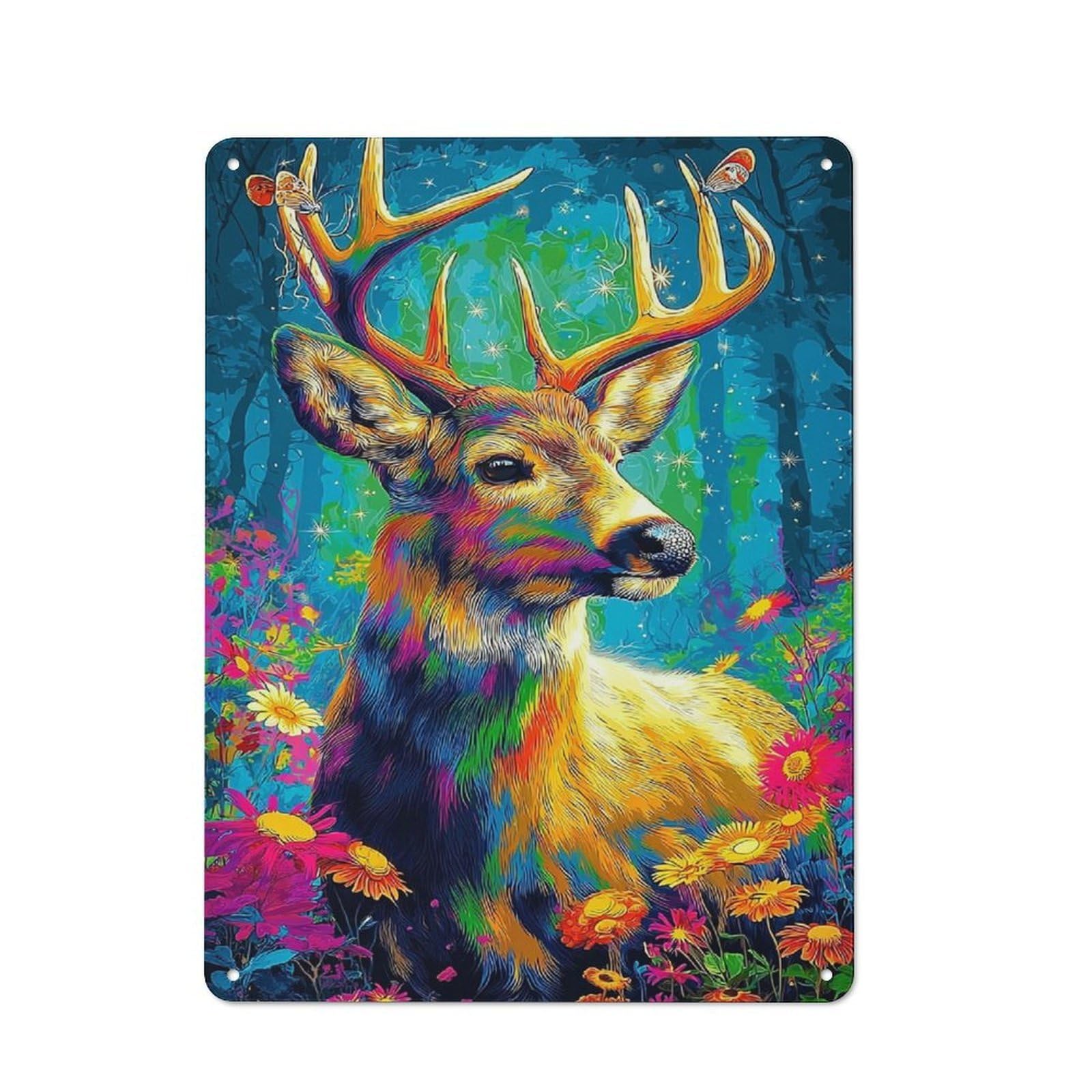 Colorful Deer in Floral Forest Retro Metal Sign 40x30cm, Garage Style Shed Wall Plaque for Garage, Hobby Room, Office Or Man Cave