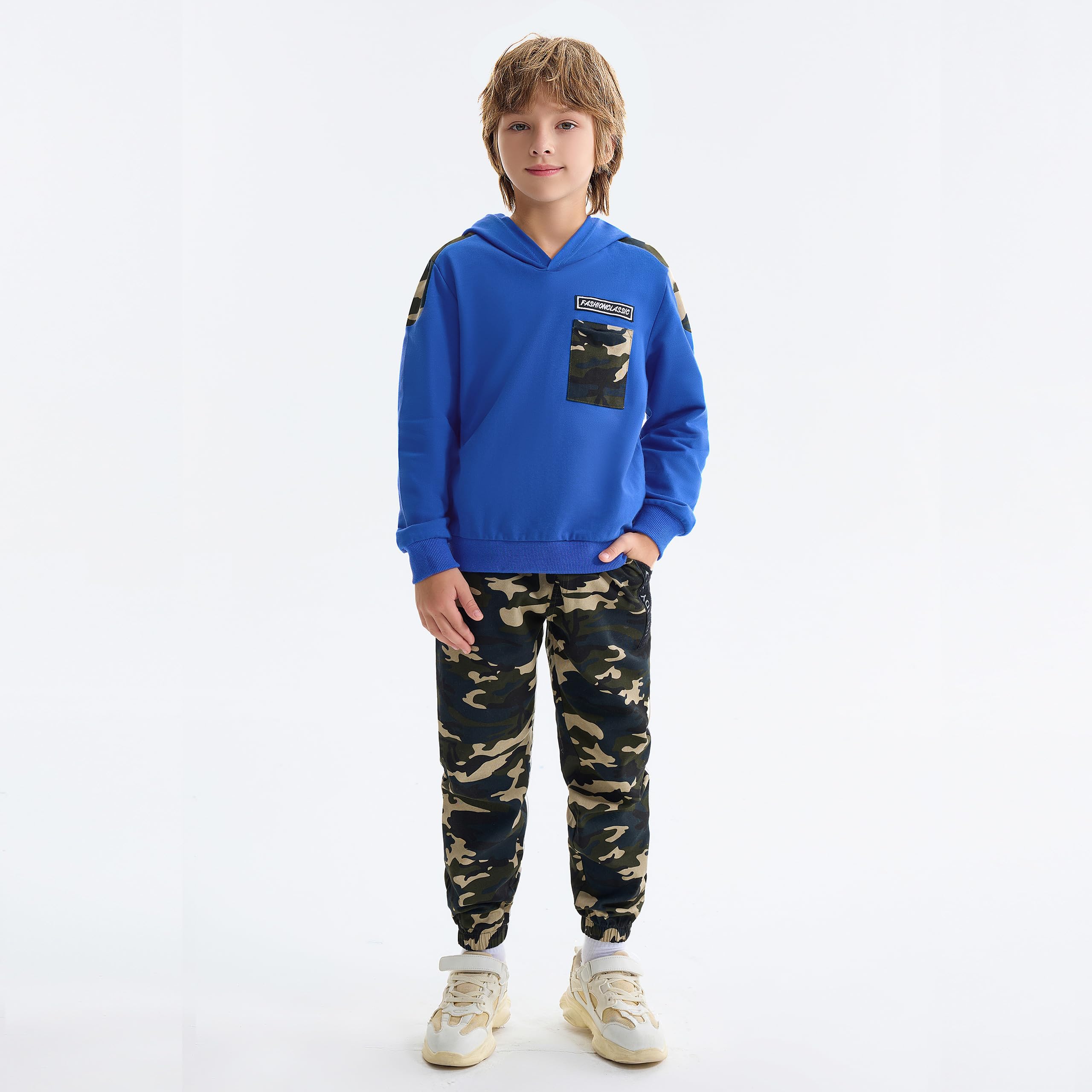LOLANTA 2PCS Tuta da Ginnastica per Bambini Felpa per Ragazzi Top con Cappuccio e Pantaloni da Cargo Mimetici per 6-13 anni