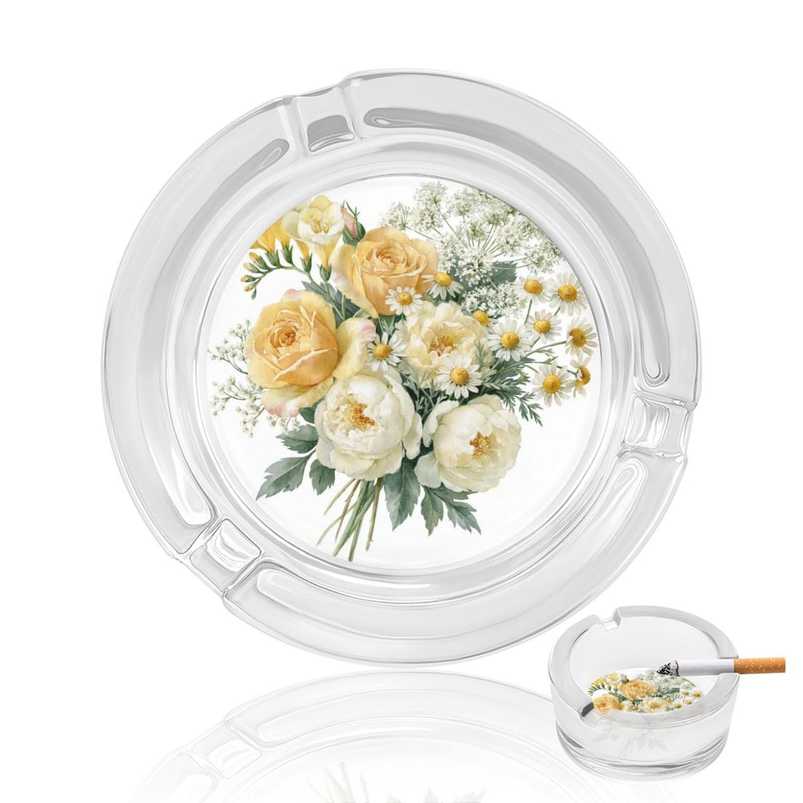 Watercolor Floral Bouquet Roses Cream Peonies Glass Ashtray for Cigarettes Portable Decorative Ash Trays for Home Office Decor