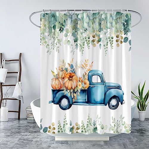 Miniatura 3 de Cortina de ducha con diseño de calabaza, camión, otoño, cosecha, granja, rústico, acuarela, hojas, floral, juego de cortina de baño con gancho