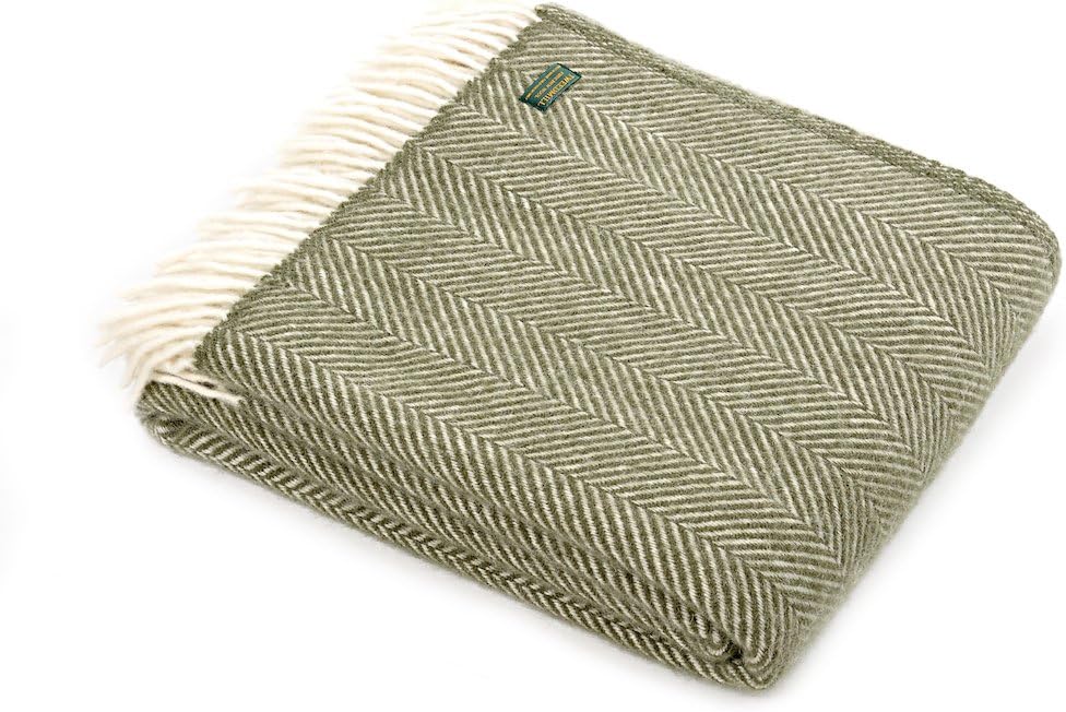 100% PURE NEW WOOL SOFA THROW BLANKET RUG - FISHBONE OLIVE