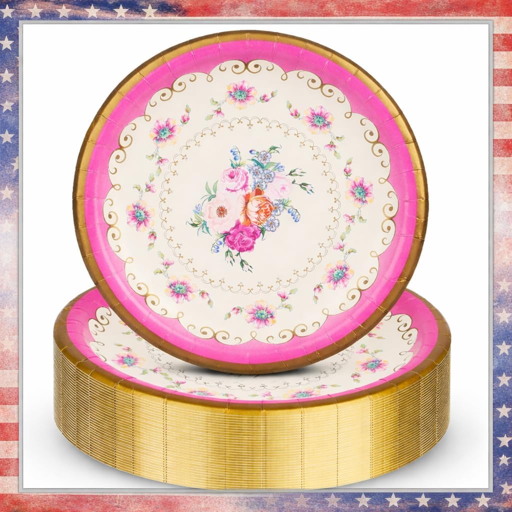 Talking Tables 48 x Pretty Floral Paper Plates | Made in USA | 9 Inches Mother's Day Afternoon Tea Party Decorations for Bridgerton Theme Disposable Dishes Birthday Baby Shower Bridal Wedding Cake