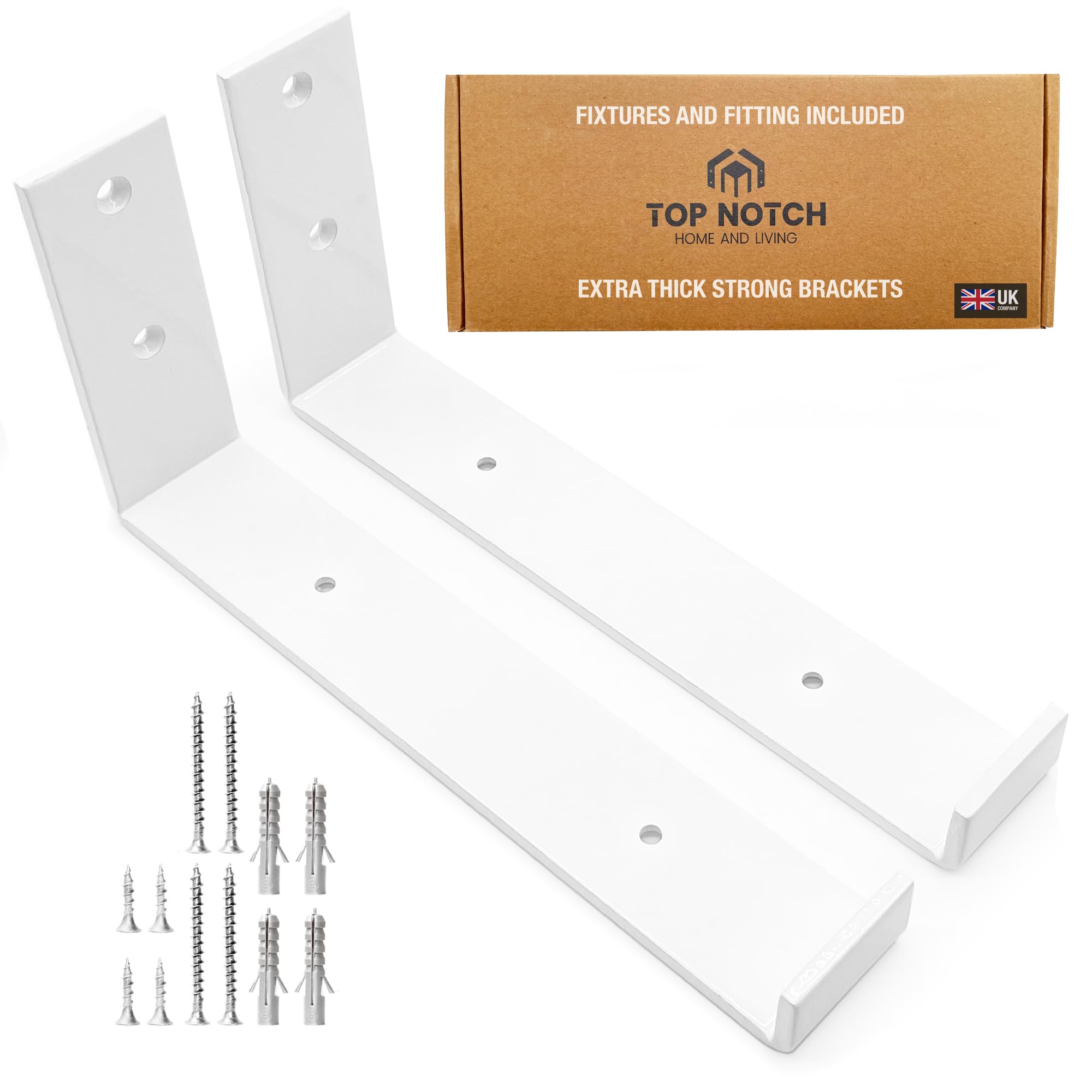 Top Notch Home and Living Heavy Duty Metal Shelf Brackets | Steel Bracket for Wooden Wall Shelves | Support 40kgs | Hardwearing | Incl Fixtures & Fittings (White, Pack of 2 Up Brackets)