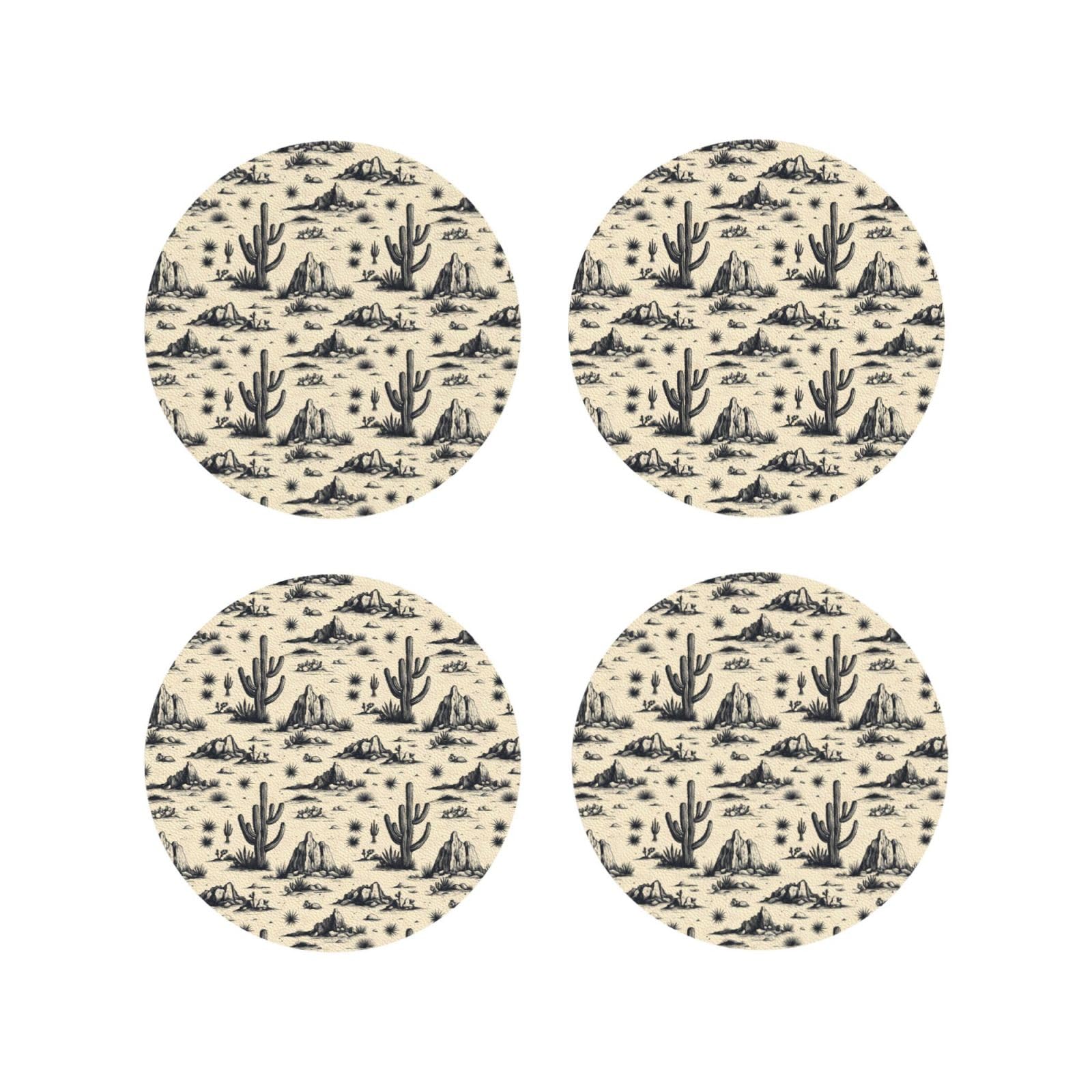 Leather Coasters Set of 4 - Western Cactus Style Print Lightweight Drink Coasters for Desk