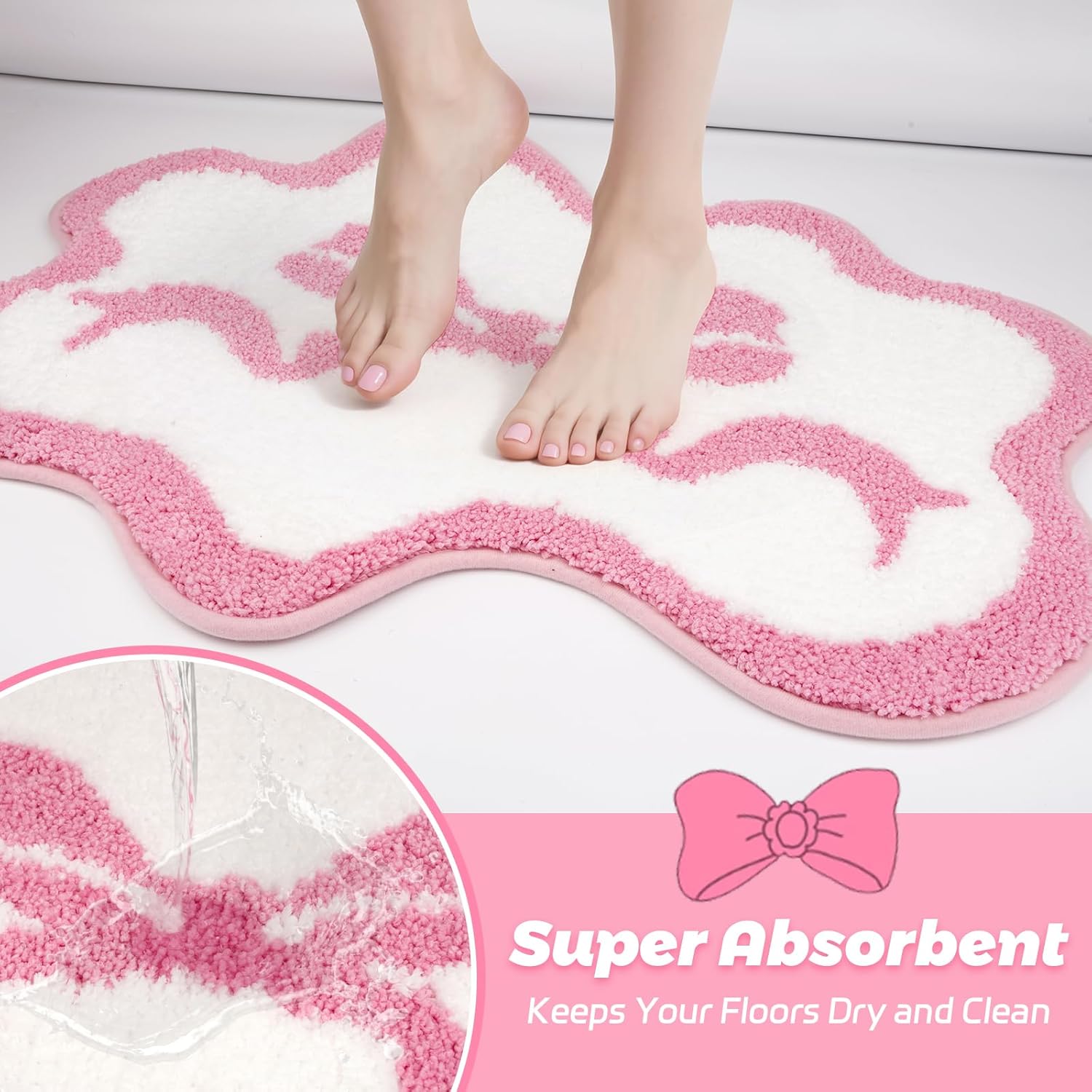 Pink Rug - Cute Bow Bath Rug, Machine Washable Bathroom Mat, Decorative Pink Carpet for Girls Bedroom, Bathroom & Kids Room (2'3×1'6)