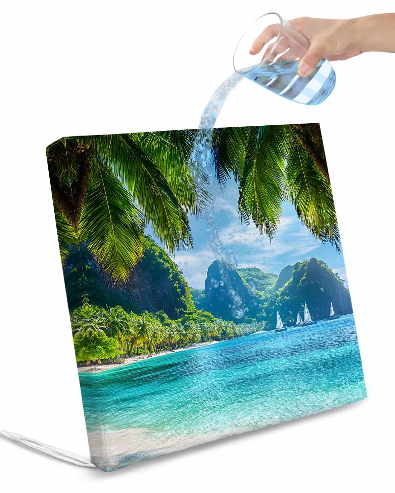 2 Pack Ocean Blue Waterproof Cushion Covers with Ties, Outdoor Patio Chaise Lounge Chair Seat Cushion Slip Covers Replacement(Only Cover) Palm Trees Forest Mountain Nature Scenery 24