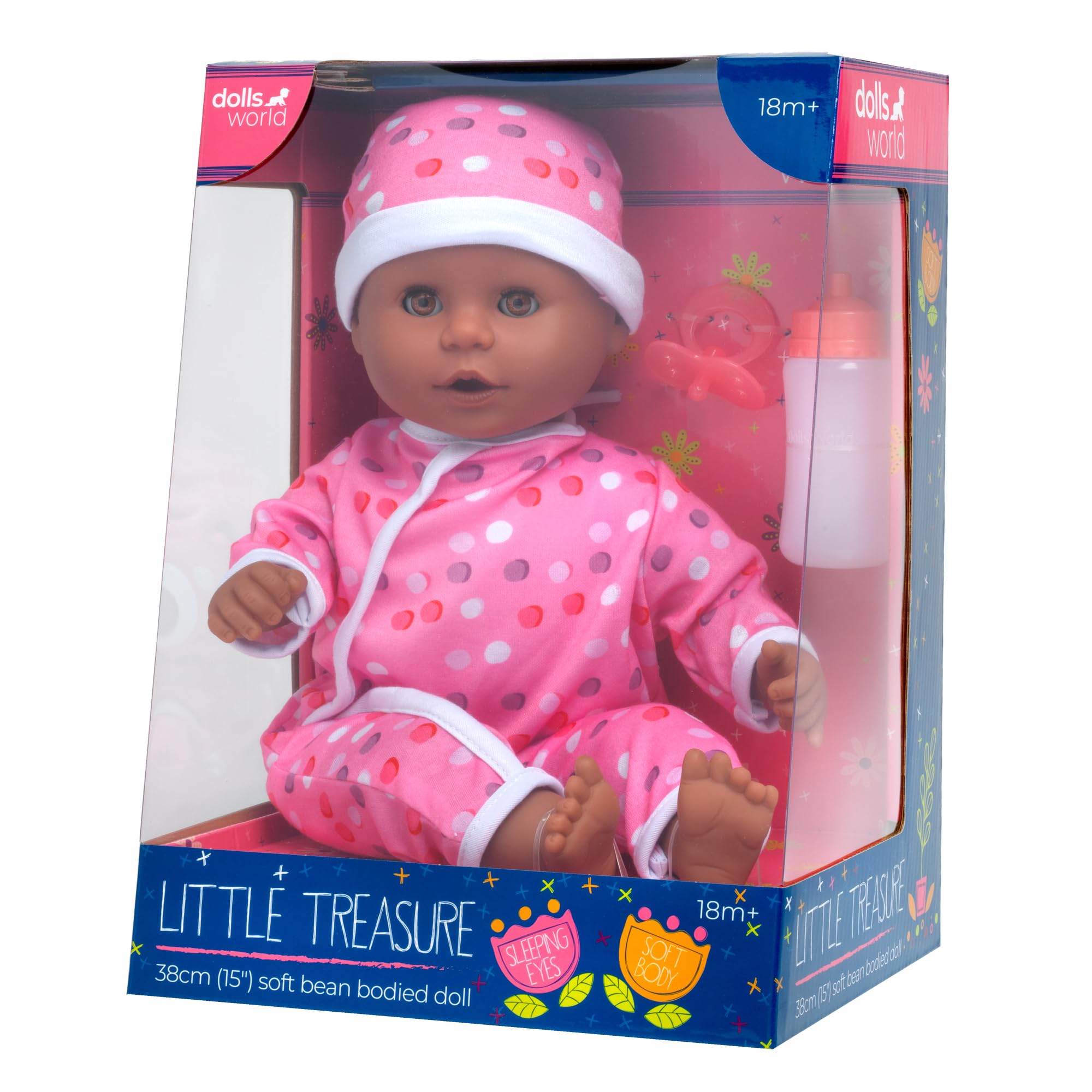 Dolls World from John Adams | Little Treasure Doll | Black Girl 38cm Soft Bodied Baby Doll with Weighted Bottom, Sleeping Eyes, Romper, Hat, Bottle & Dummy | Baby Dolls for Girls Aged 18 Months+