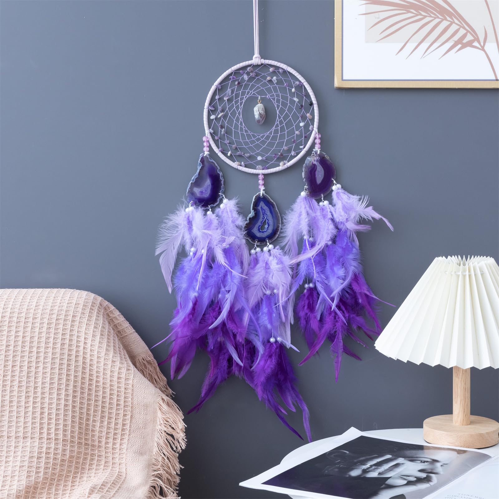 KHOYIME Agate Dream Catcher, Handmade Feather Dreamcatcher with Healing Crystal Stone Natural Gemstone Dream Catchers, Wall Art Hanging Decor Home Ornaments Craft Gift for Girls Adult Bedroom (Purple)