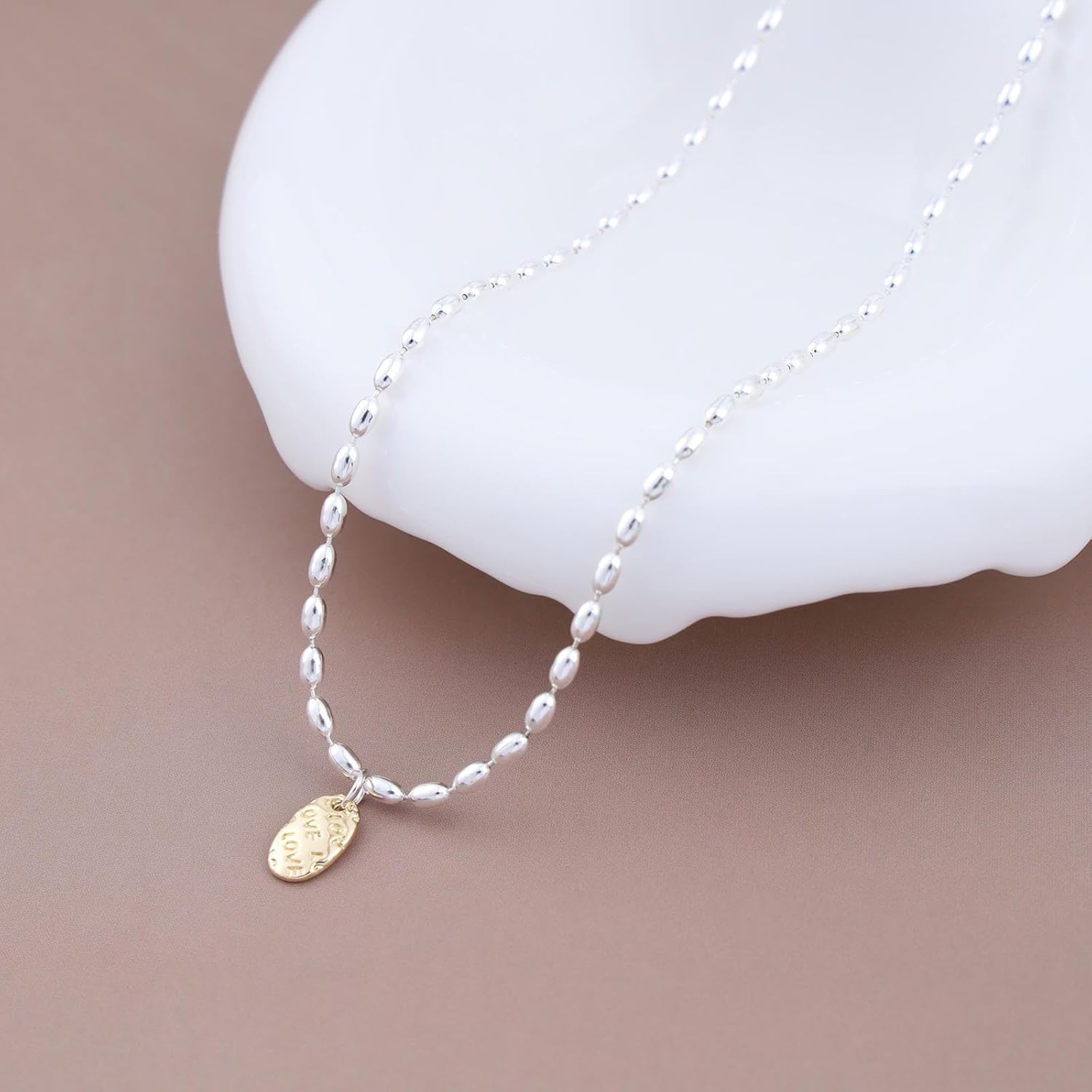 Boho Letter Love Pendant Necklace Silver Gold Choker Necklace Oval Bead Chain Necklace Silver Rice Beaded Necklace Two Tone Necklace Jewelry for Women - Image 4