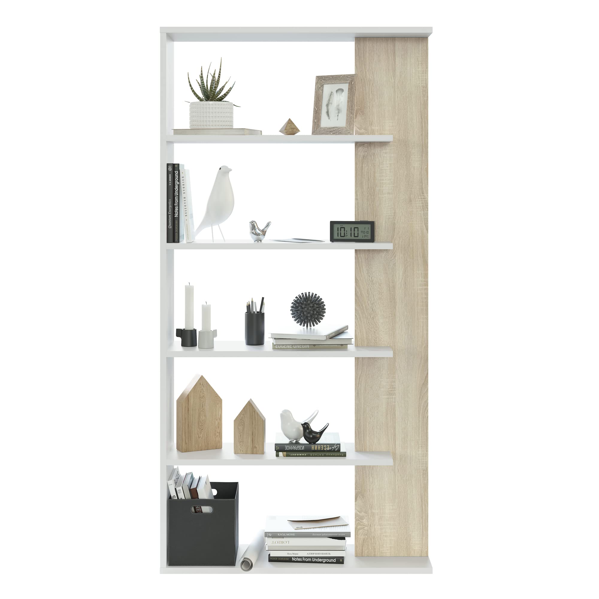 HOMN LIVING Étagère Bibliothèque Lugo Couleur Blanc/Chêne 5 étagères, pour Salon, Salle à Manger ou Bureau, 90 cm (Largeur) 25 cm (Profondeur) 180 cm (Hauteur)