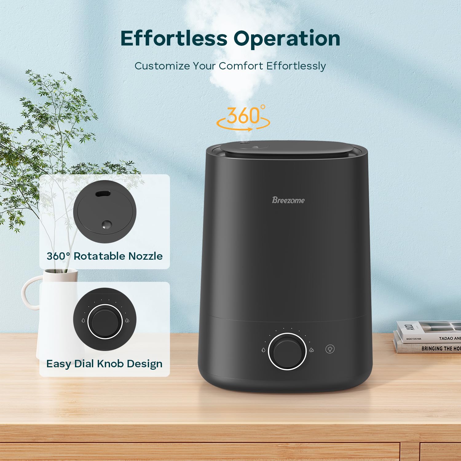 BREEZOME Nawilżacz powietrza 5 l do sypialni, ultradźwiękowy nawilżacz i dyfuzor olejków eterycznych, dysza 360°, automatyczne wyłączanie, czas pracy 50 h, ciche nawilżacze do dużych pomieszczeń