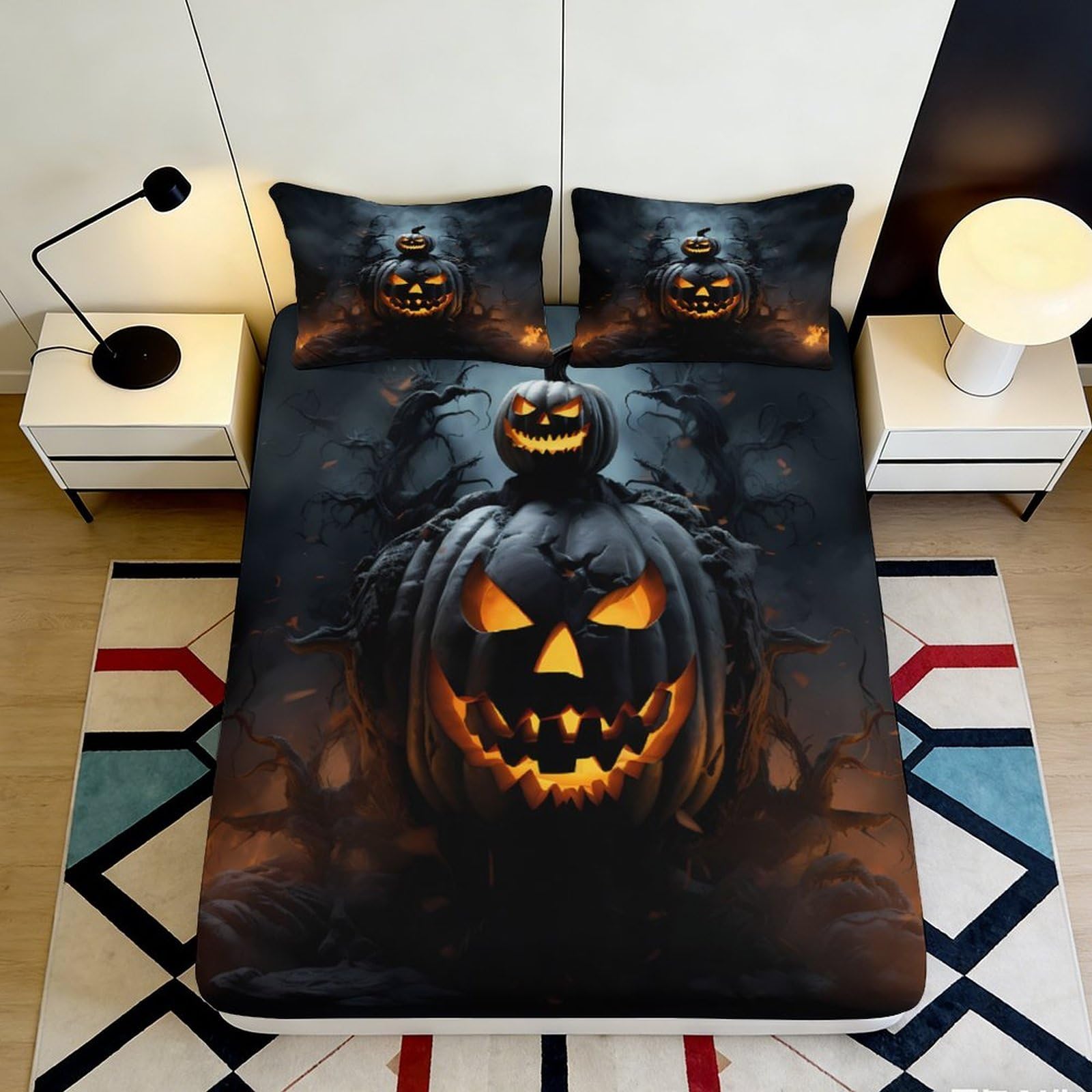 3D Printed Halloween Pumpkin Fitted Sheet Microfiber Black Gothic Skull Bed Cover for Bedroom Dorm Mattress Decor 90x200x25cm
