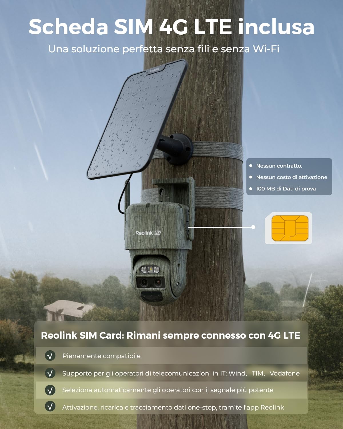 Reolink 4K Telecamera 4G LTE con Doppio Obiettivo, SIM Inclusa, Zoom 6X | Fototrappola con SIM e Pannello Solare, IR Invisibile, Telecamera da Esterno con Tracciamento Automatico, TrackMix LTE