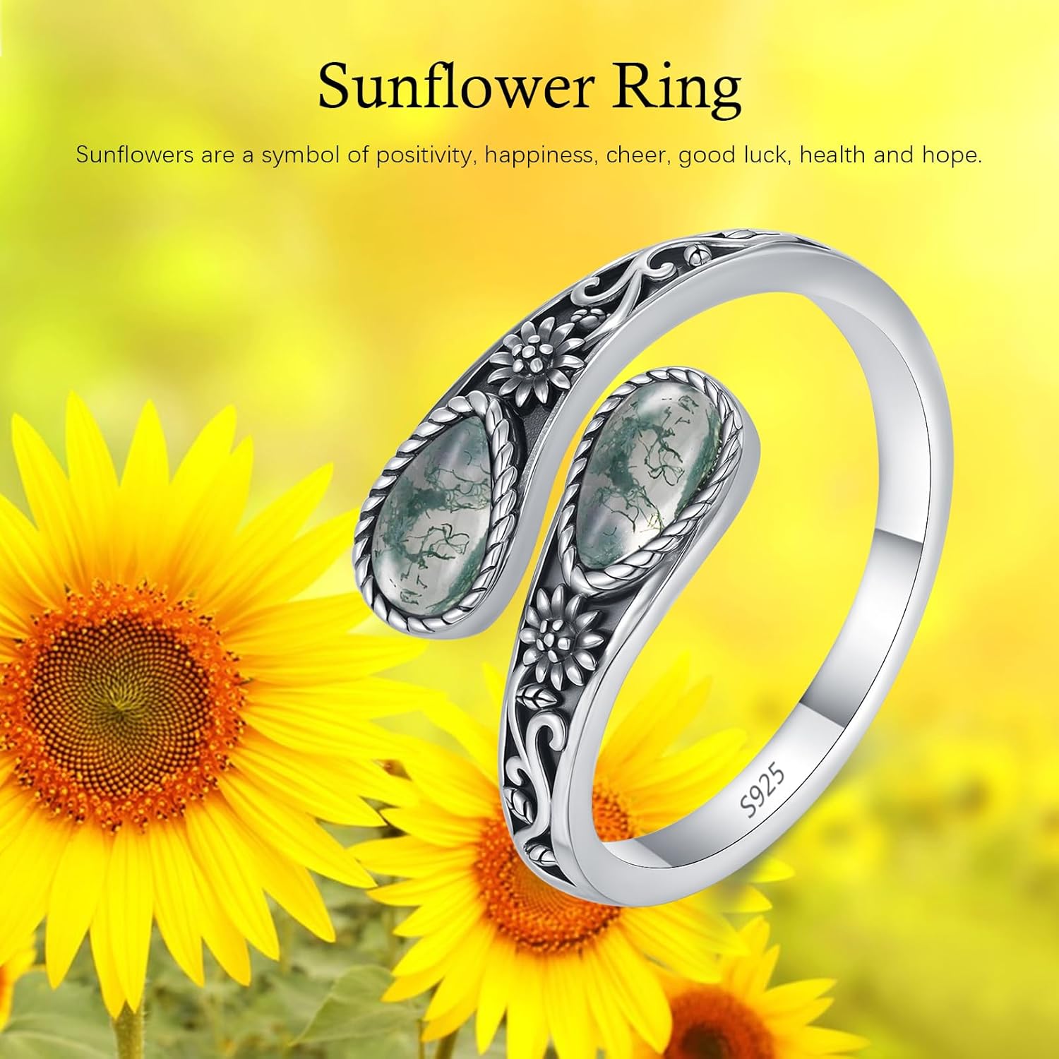 KiiKii Moss Agate Ring 925 Sterling Silver Adjustable Open Lotus/Sunflower/Butterfly Spoon Ring Statement Jewelry Birthday Gifts for Women - Image 6