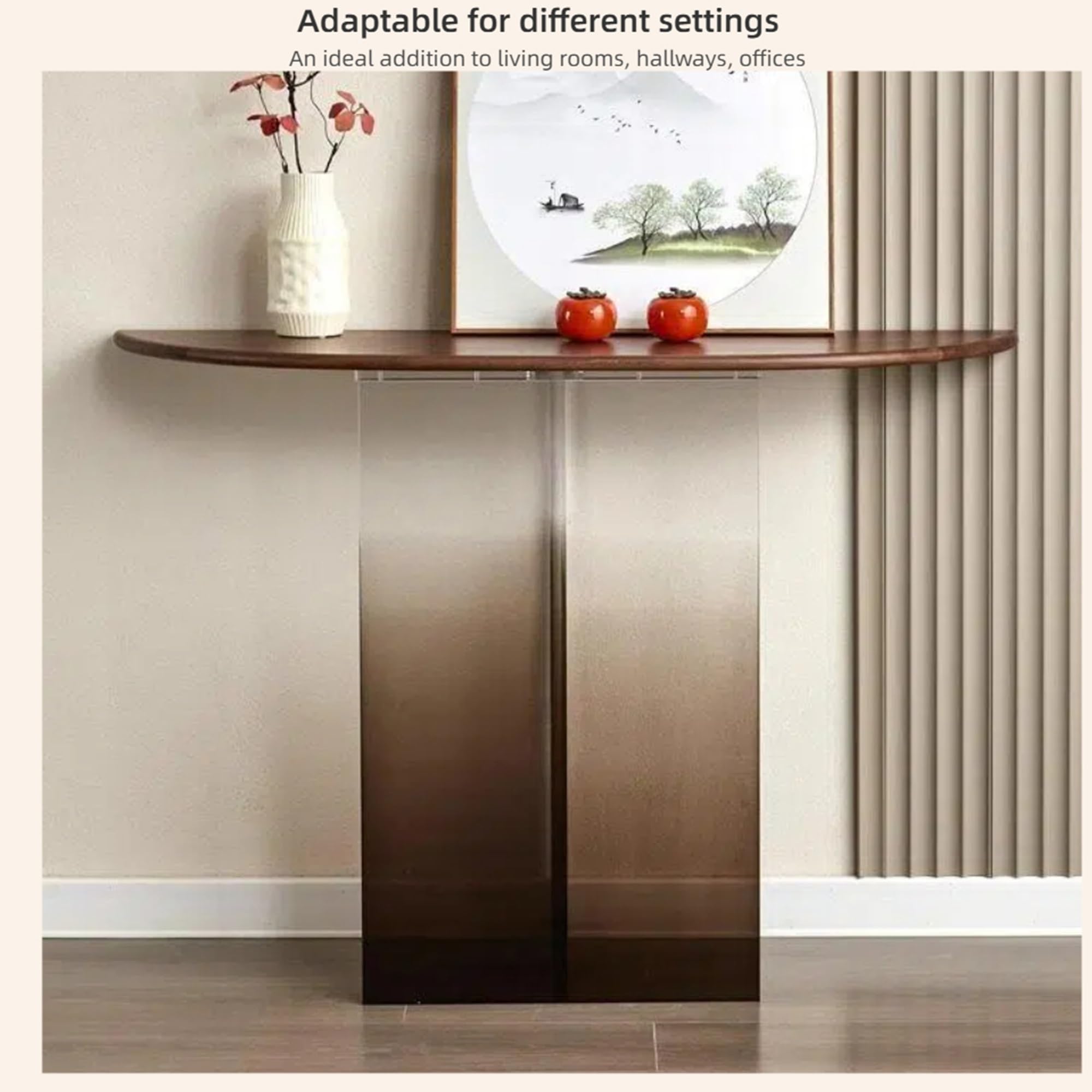 Tavolo da ingresso moderno, console stretta con gambe in acrilico e piano in legno massello, elegante mensola accento per soggiorno, corridoio, atrio, marrone, 80 cm