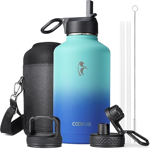 Miniatura 27 de Coolflask - Botella de agua de 64 onzas, aislada, con popote y 3 tapas, con diseño Galaxy, de acero inoxidable al vacío, mantiene las bebidas frías