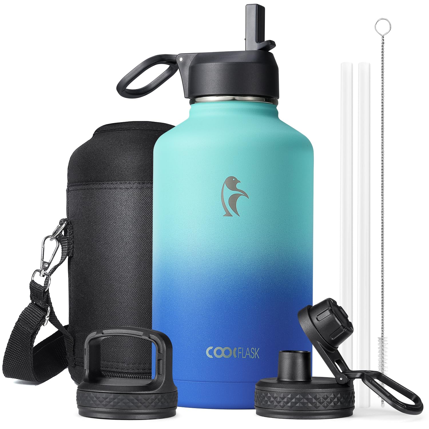 Insulated Water Bottle 64 oz with Straw & 3 Lids, Coolflask Half Gallon Water Jug Large Metal Stainless Steel Wide Mouth for Sports, Gym or Office, Non-BPA Keep Cold 48H Hot 24H, Pacific Prince
