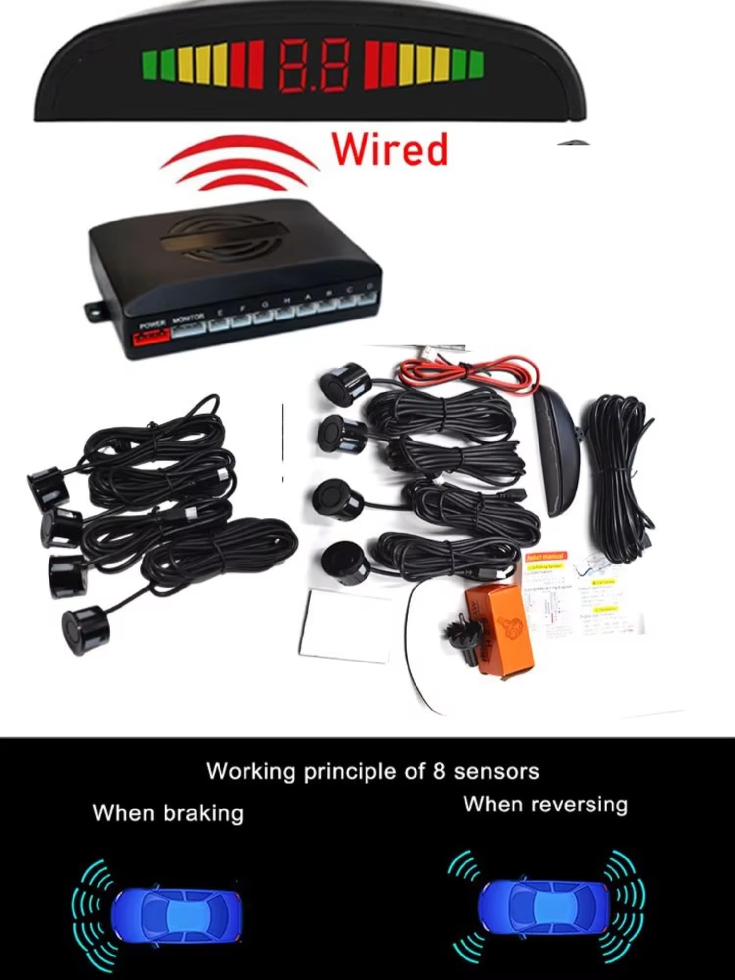 Sensor Ayuda Aparcamiento Sensor Estacionamiento LED Car Parktronic con 8 Sensores Detección Radar Estacionamiento Marcha Atrás con Pantalla Retroiluminada 22 Mm Radar Parking Sensor