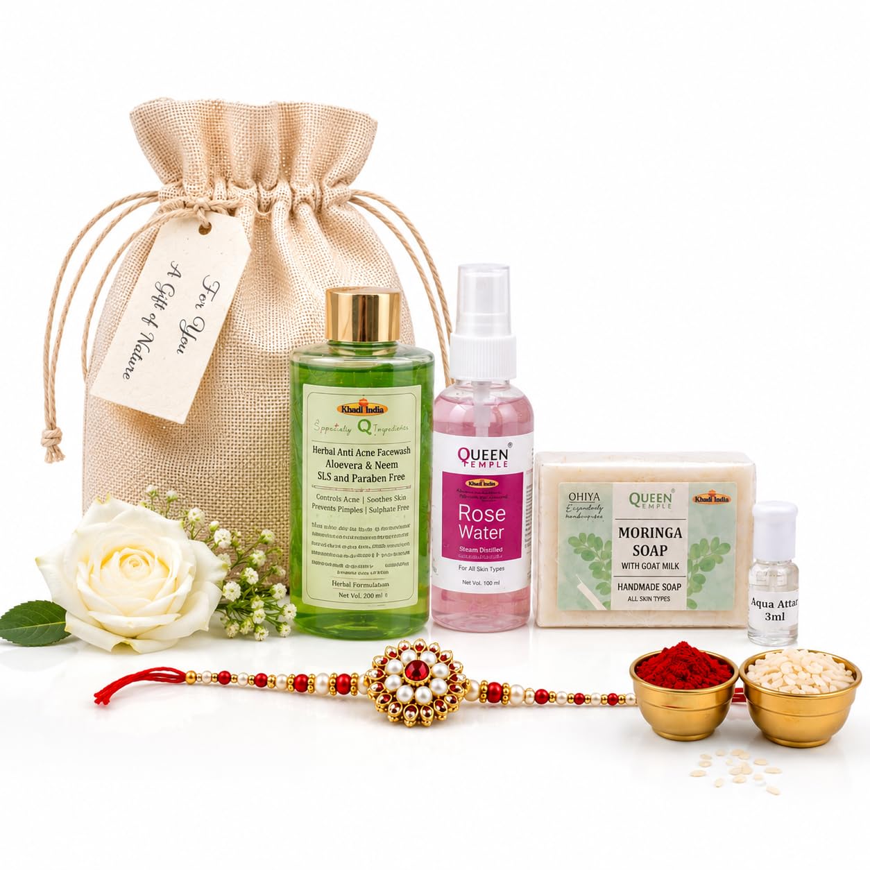 Khadi India Rakhi Special Natural Skincare Gift Hamper By Queen Temple | Herbal Aloe Vera & Neem Face Wash210 ml, Rose Water,100ml Moringa Soap 100gm, Aqua Attar 3ML, Rakhi, Roli & Rice | Premium Jute Potli Gift Set for Brother Sister-image-36