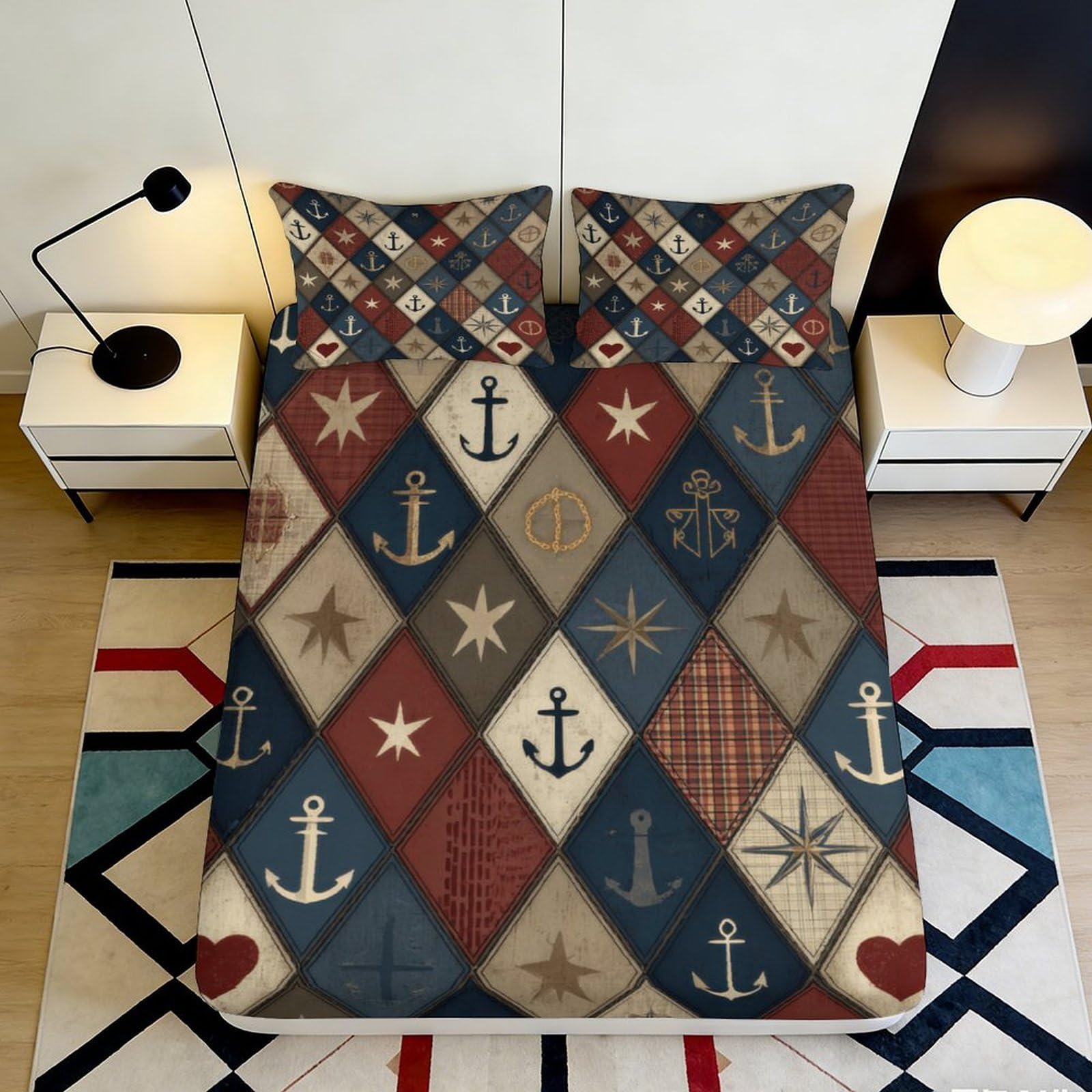 3D Printed Nautical Patchwork Fitted Sheet Microfiber Soft Breathable Compass Anchor Bed Cover for Bedroom Decor 90x200x25cm
