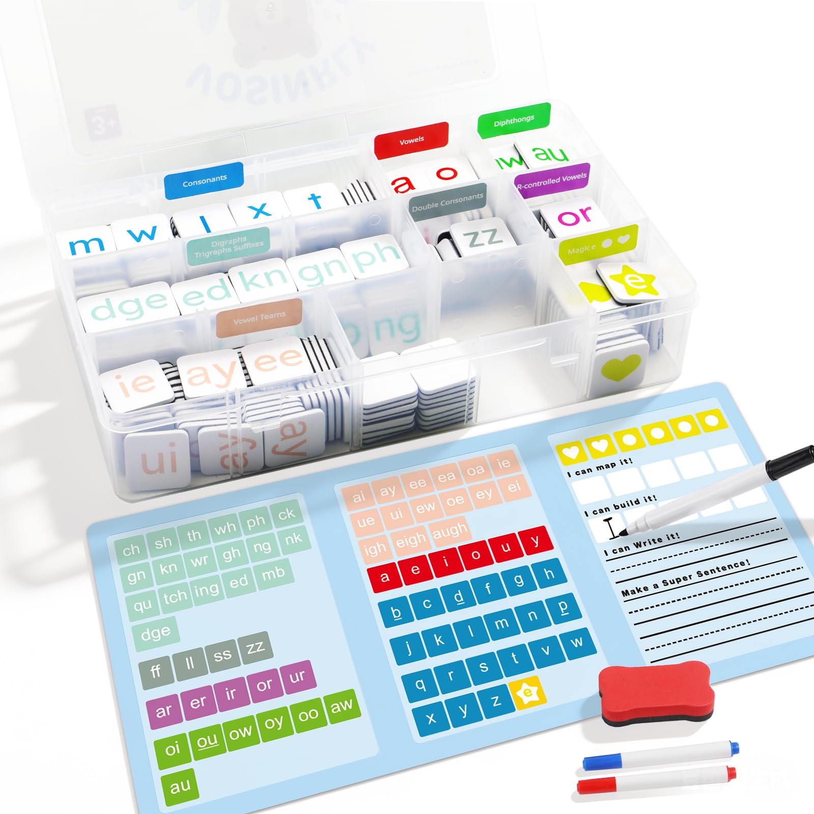 VoSinrly 265PCS Phonics Magnetic Letter Tiles Set – Word Building Kit with Dry Erase Board, Storage Case & Blank Tiles, Color-Coded Alphabet Learning for Kids, Homeschool & Classroom Supplies