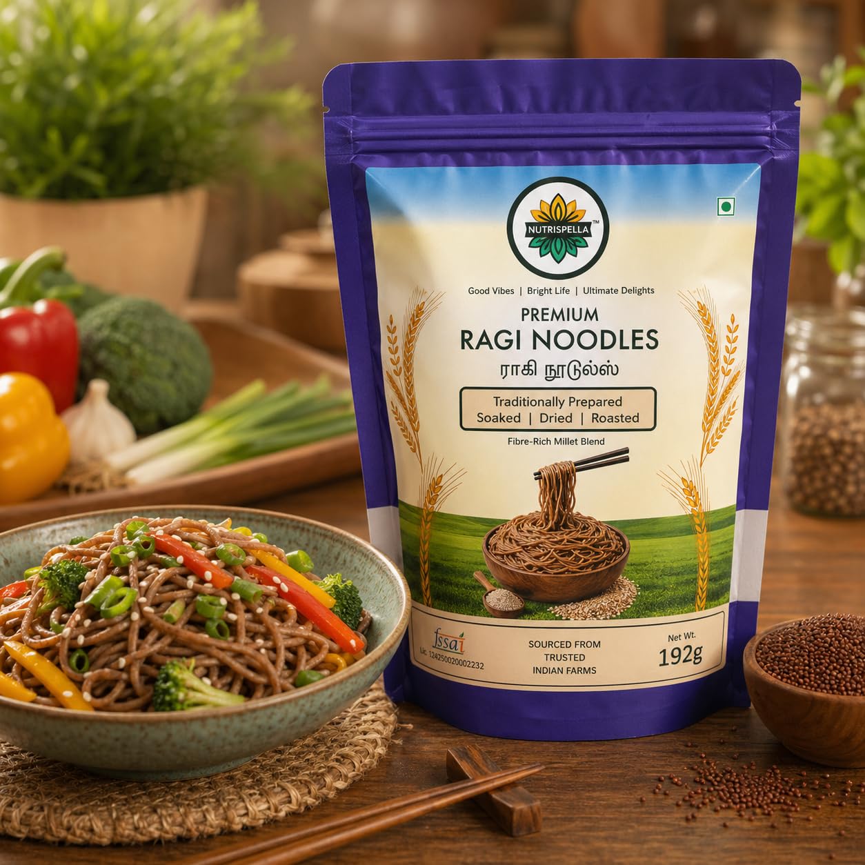Nutrispella Ragi Millet Noodles | Millet Based Traditionally Prepared Pasta | No Added Preservatives | Finger Millet Noodles for Stir Fry And Soup Dishes | 192 g