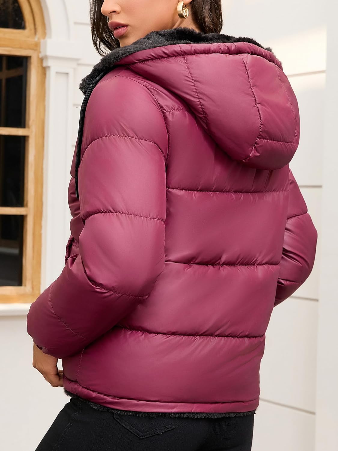 Women's Heavyweight Quilted Puffer Jacket Warm Sherpa Lined Reversible Winter Short Coat for Winter - Image 2