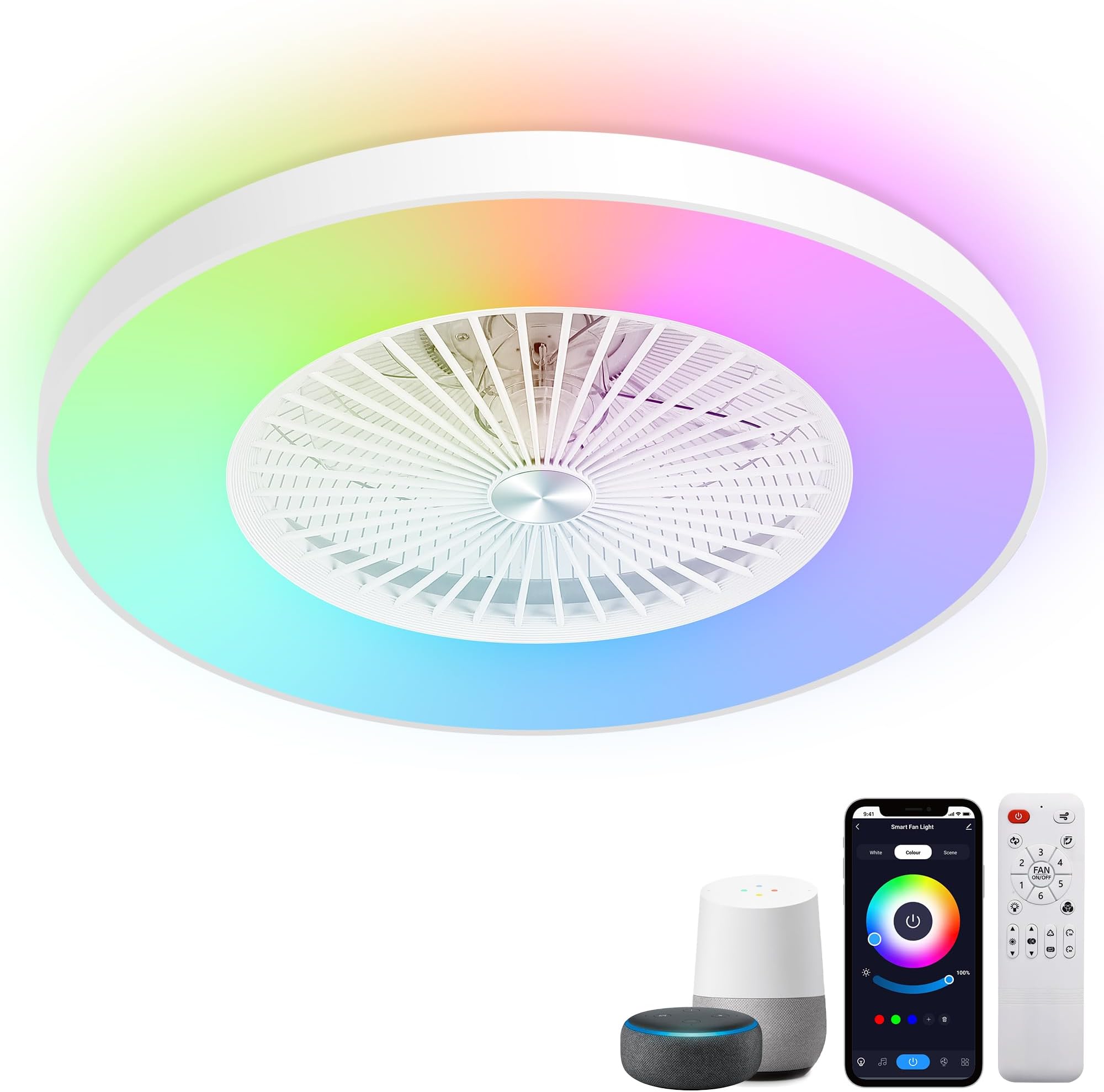 24" RGB Bladeless Ceiling Fan with Light, Low Profile Ceiling Fan with APP/Voice/Remote Control, 6-Speed Quiet DC Motor, Dimmable Color Changing LED, White