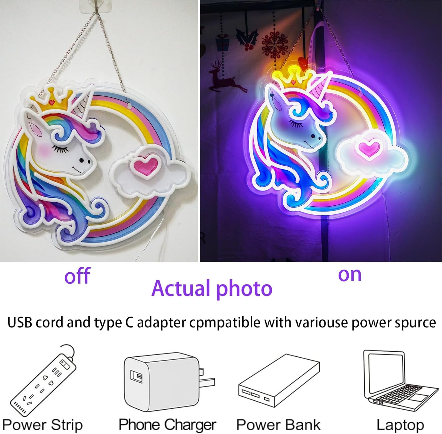 Unicorn Rainbow Neon Light LED Sign USB Powered Hanging Chain Included Cute Wall Décor for Girls Bedroom Nursery Dorm Party Gift - Image 4