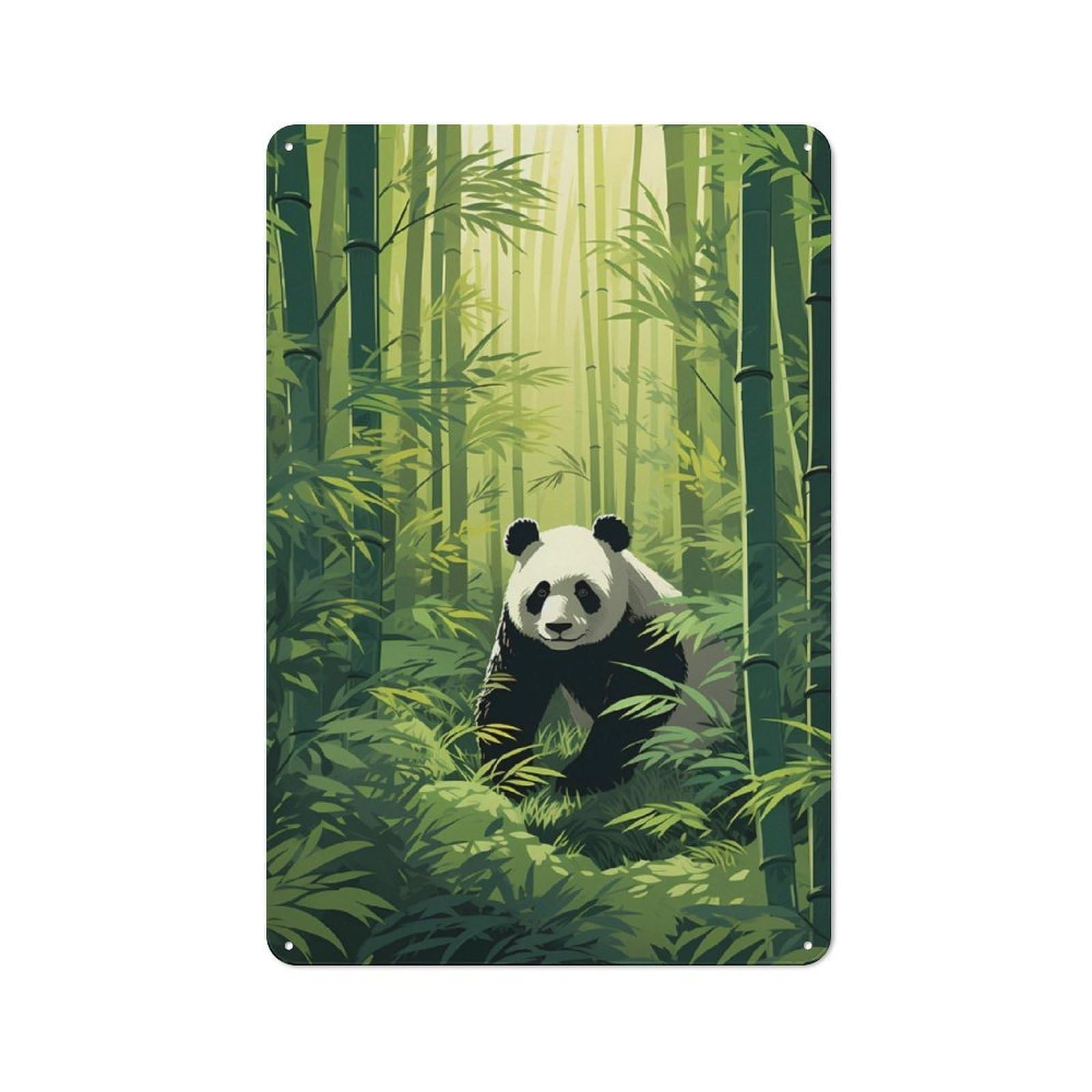 Junmoney Panda In Bamboo Forest Industrial-Style Tin Sign 30X20cm For Pub Or Café, Suited To Pub Decor Enthusiasts