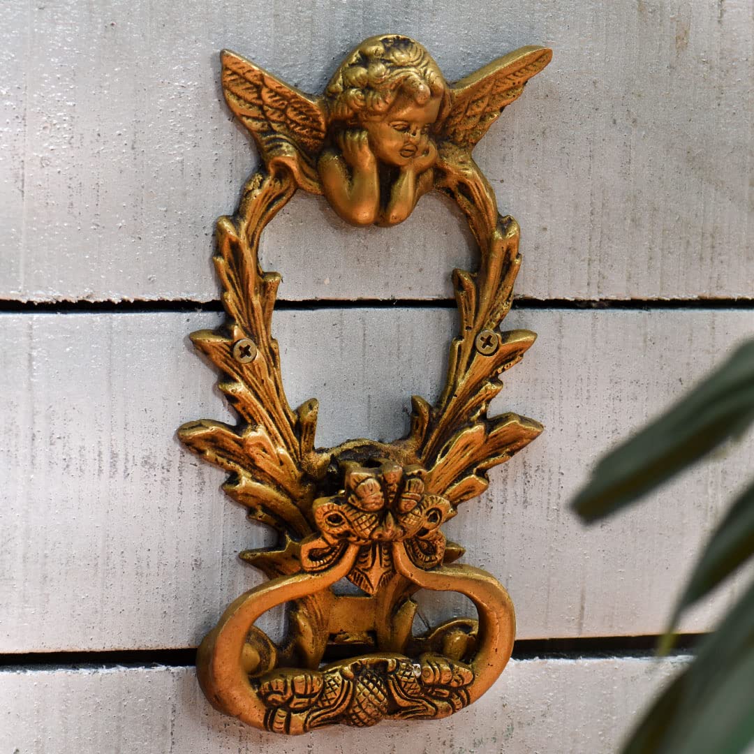 Indian-Shelf Brass Cherub with Dragon Face Door Knocker - Royal Touch Door Decoration - Gold Entrance Accessories for Home - 19.05 Cm