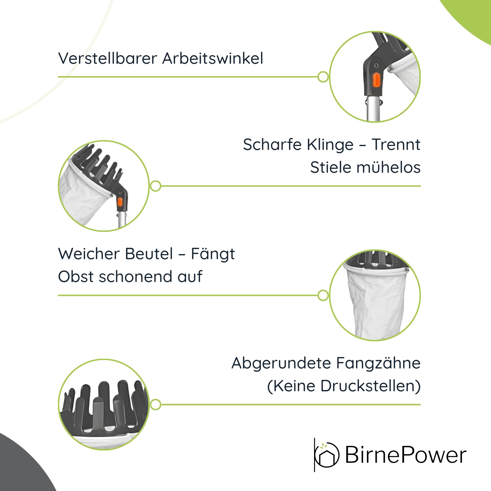 BirnePower Obstpflücker mit Teleskopstiel (150-375cm), Apfelpflücker mit integrierter Klinge, Verstellbarer Kopf & Leichter Alu-Stange, Obstsammler