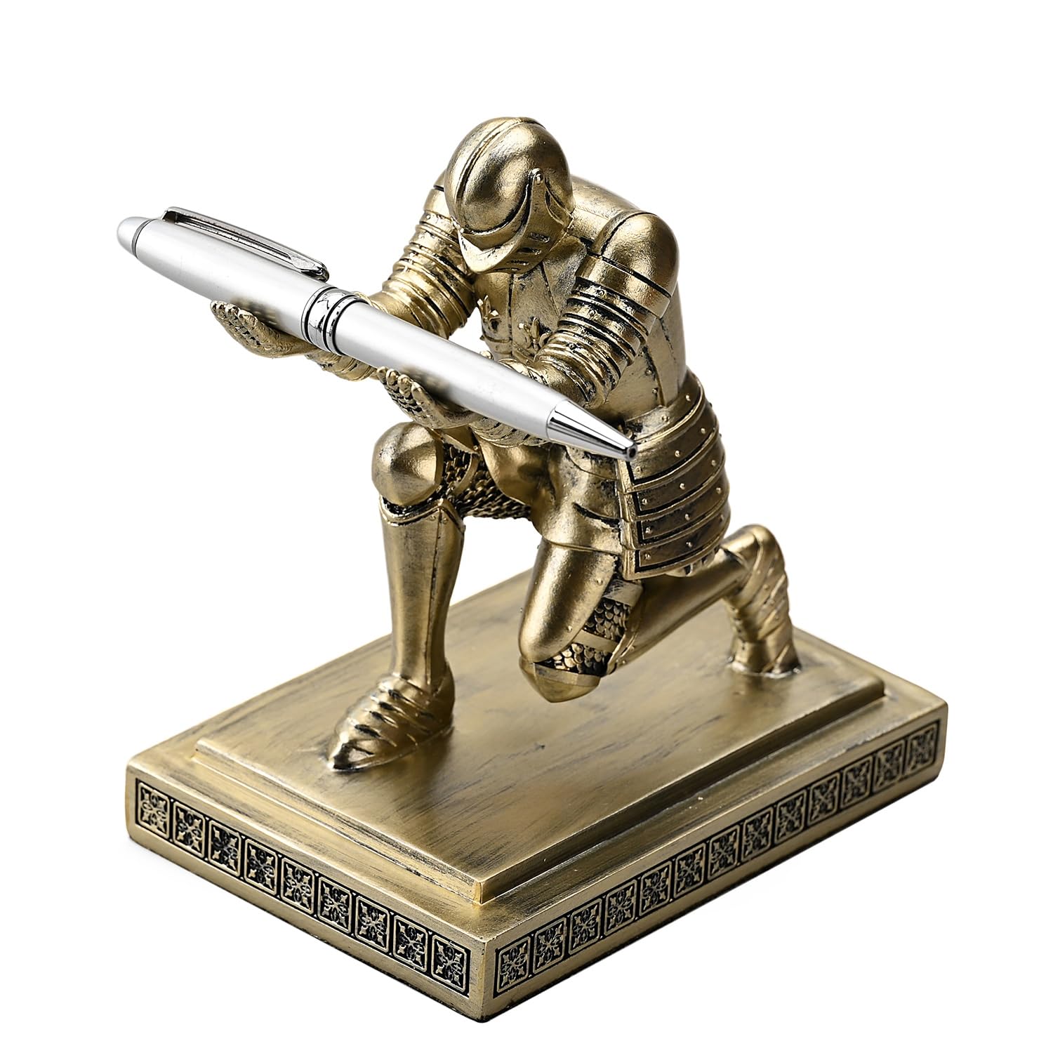 Amoysanli Knight Pen Holder Desk Organizers and Accessories Desk Decor Resin Pen Holder as Gift with a Cool Pen for Office and Home (Copper)