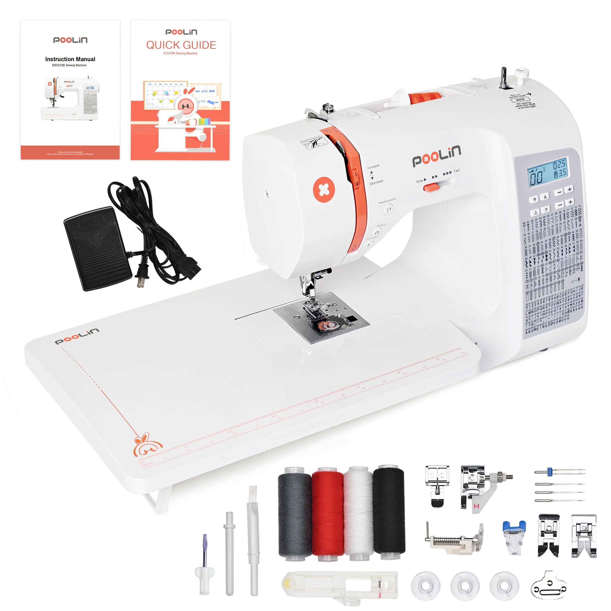 Máquina de coser Poolin EOC02, computarizada y con todas las funciones, con 200 puntadas, pantalla LCD de 2,13 m, mesa ancha, ideal para principiantes. EOC2720